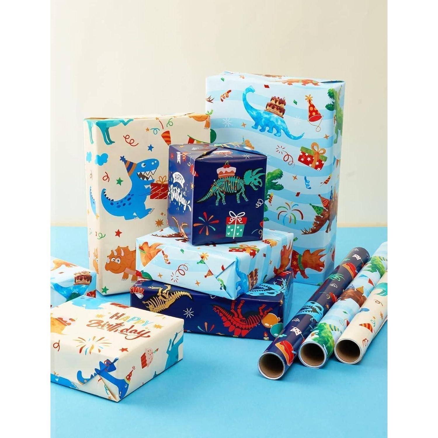 Geschenkpapier Dinosaurier 3 Rollen 43cm Aquarell grüner Dinosaurier