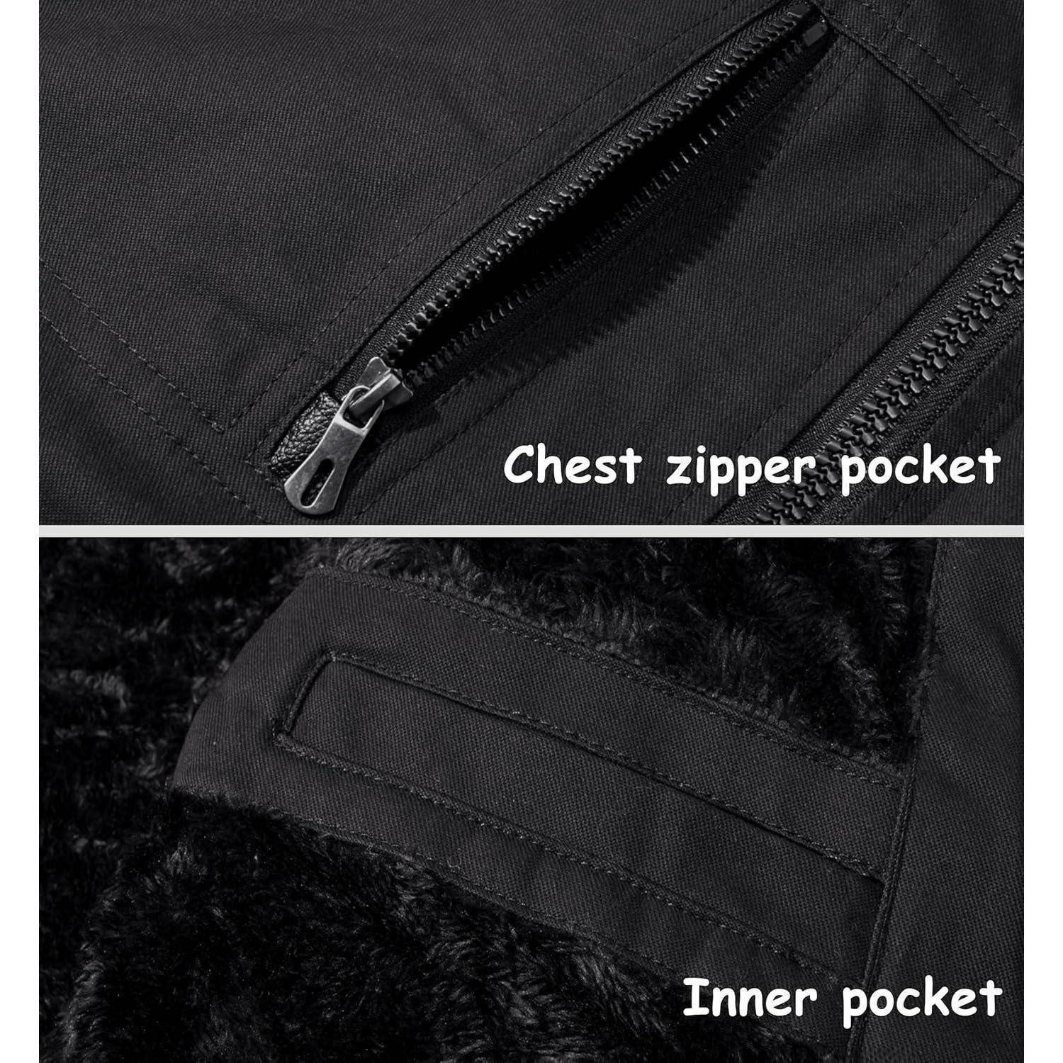 Detailaufnahme einer Jacke mit einer 'Brusttaschenmit Reißverschluss' im oberen Bild und einer 'Innentasche' im unteren Bild.
