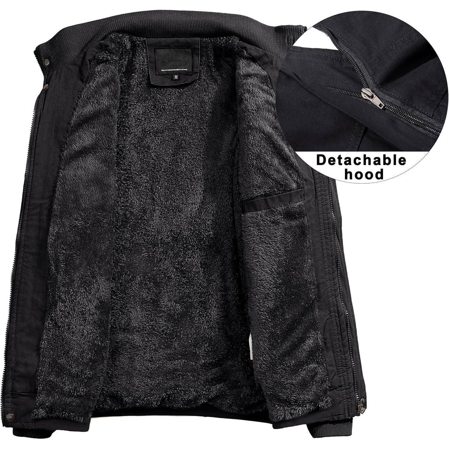 Schwarze Jacke mit Plüschfutter und abnehmbarer Kapuze, teilweise geöffnet gezeigt.