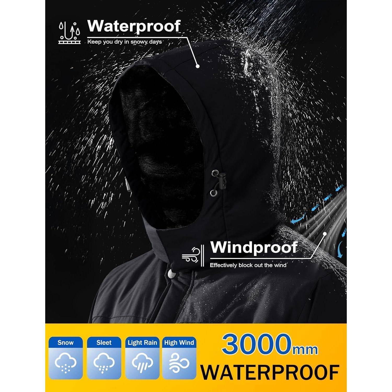 Eine schwarze Kapuzenjacke wird in einer Regensimulation mit abprallenden Tropfen gezeigt. Text liest sich: Wasserdicht - Hält dich bei Schneetagen trocken. Winddicht - Blockiert Wind effektiv. Symbole unten zeigen Wetterbedingungen: Schnee, Schneeregen, Leichter Regen, Starker Wind. Großer Text: 3000mm WASSERDICHT.