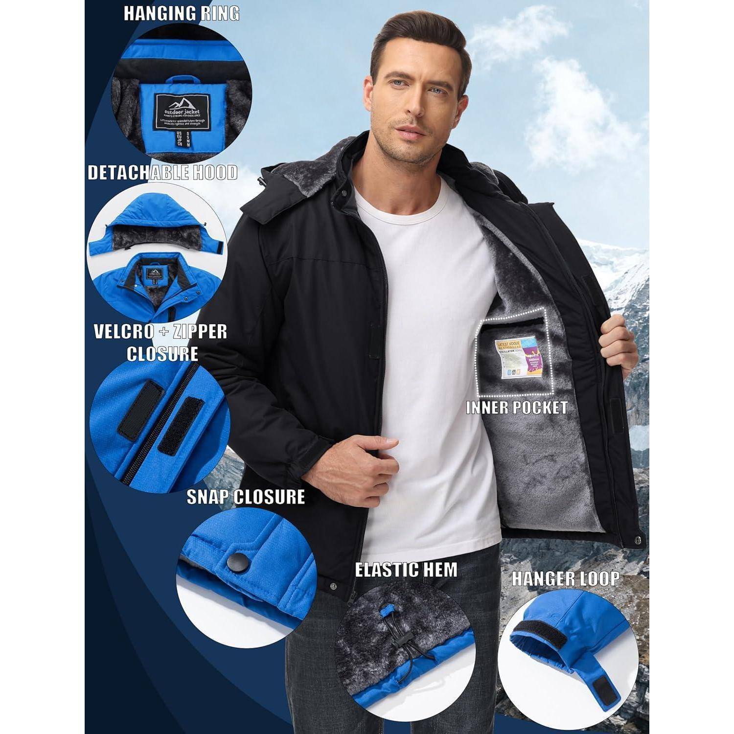 Ein Mann präsentiert eine schwarze und blaue Jacke im Freien. Zu den Merkmalen gehören eine abnehmbare Kapuze, Klettverschluss und Reißverschluss, eine Innentasche und ein Druckknopfverschluss.