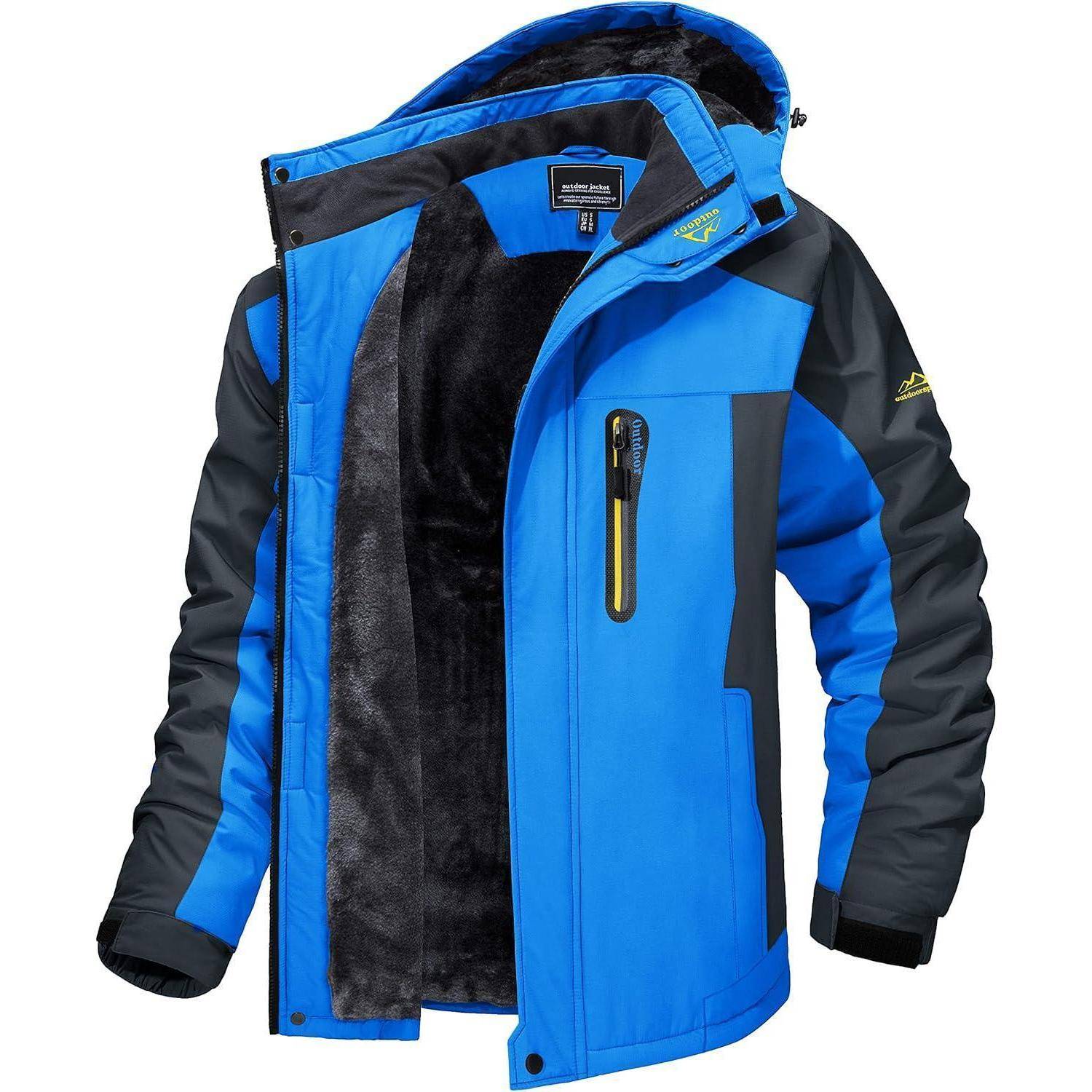 Blaue und schwarze Winterjacke mit grauem Futter, ausgestattet mit einer Reißverschlusstasche auf der Brust und einer verstellbaren Kapuze.
