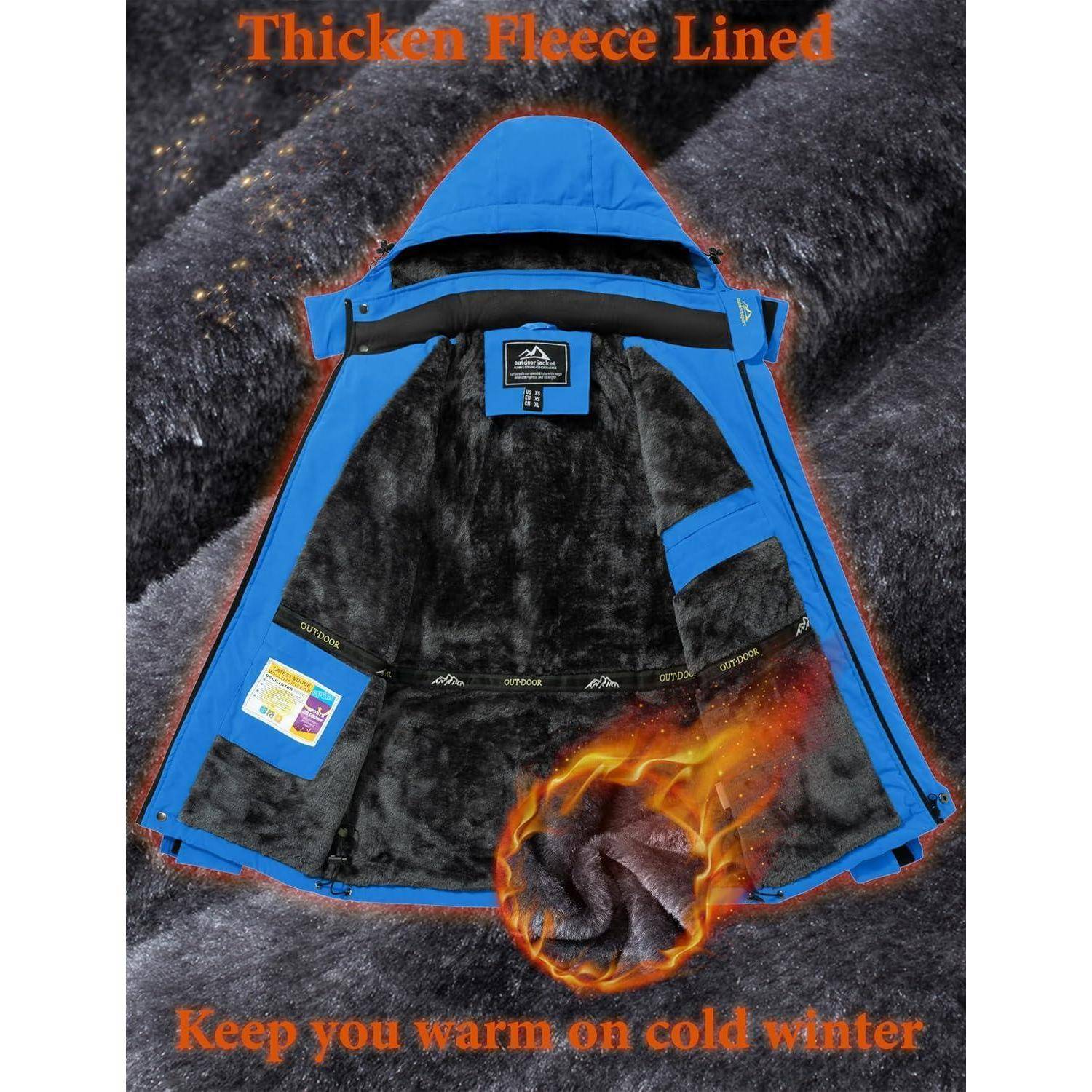 Offene blaue Jacke mit dickem schwarzem Fleecefutter, Innentaschen und Webetikett werden präsentiert. Der Text lautet 'Thicken Fleece Lined' und 'Keep you warm on cold winter'.