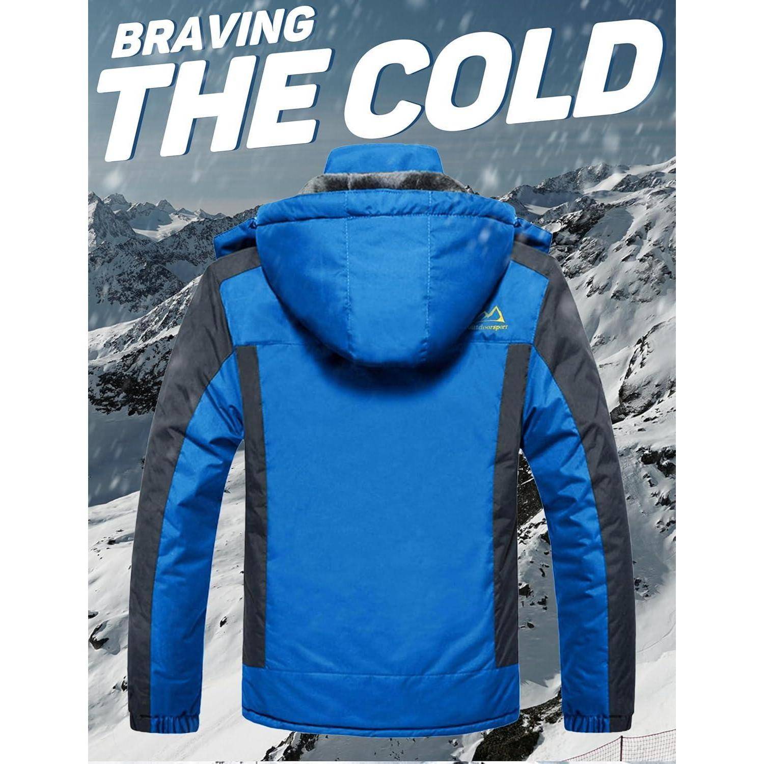 Eine blaue Winterjacke, die vor einer verschneiten Bergkulisse präsentiert wird, mit dem Text ‚Der Kälte trotzen' in weißen Buchstaben darüber.