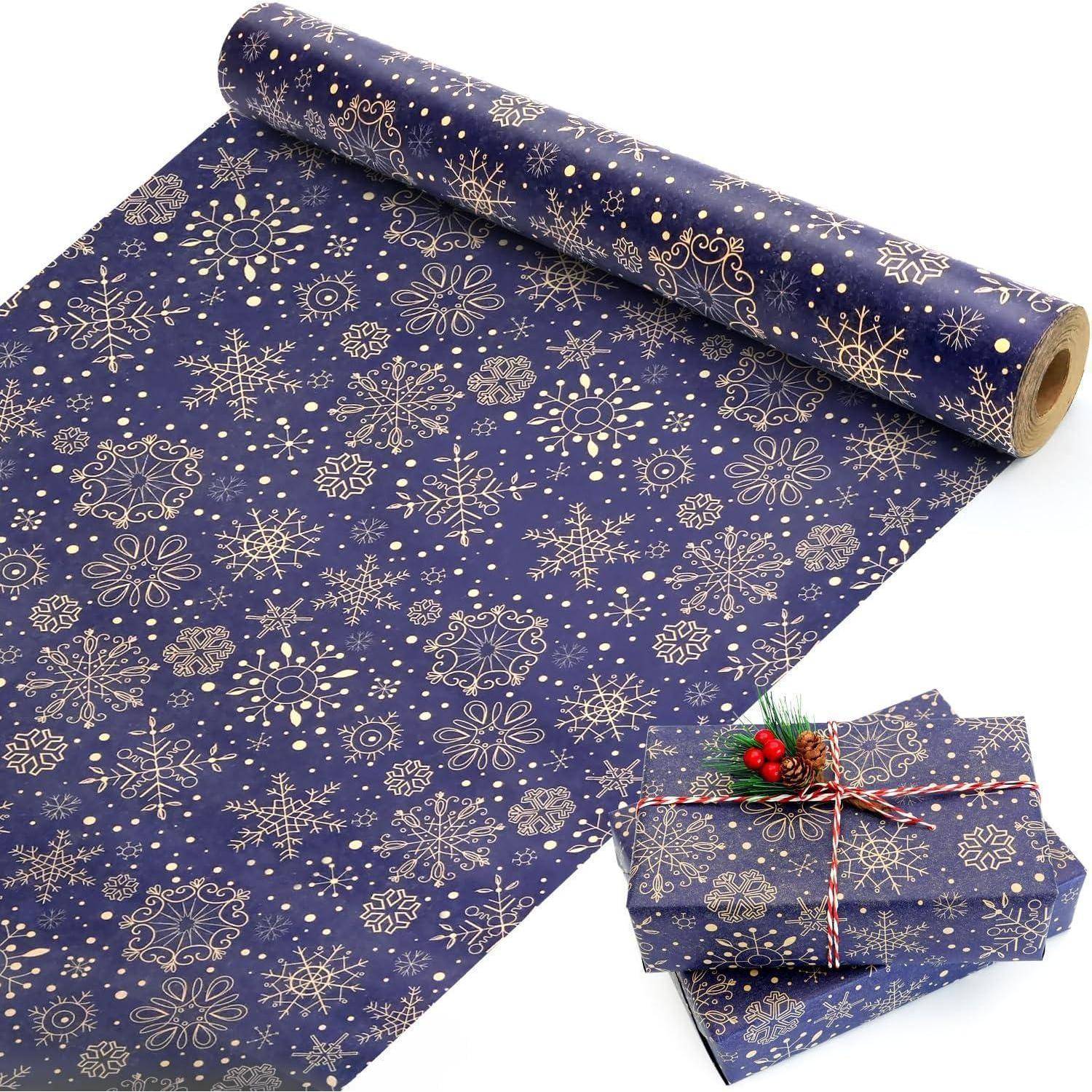 Geschenkpapier Weihnachten Rolle Kraftpapier Schneeflocke Dunkelblau