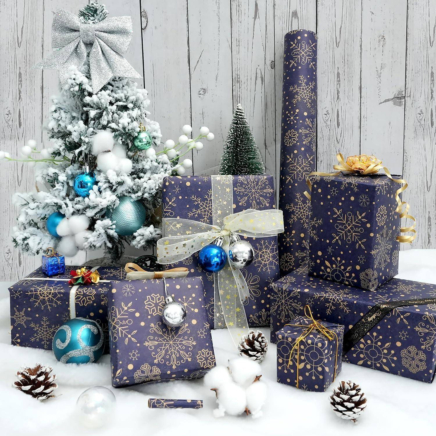 Geschenkpapier Weihnachten Rolle Kraftpapier Schneeflocke Dunkelblau