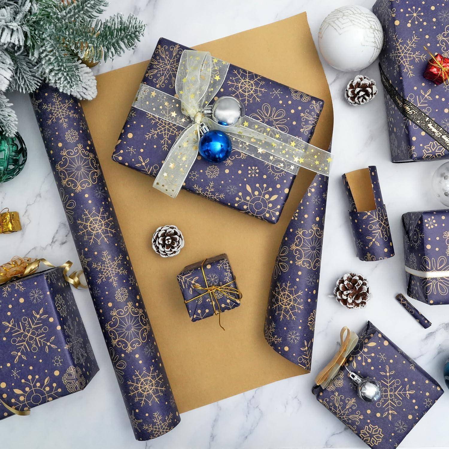 Geschenkpapier Weihnachten Rolle Kraftpapier Schneeflocke Dunkelblau