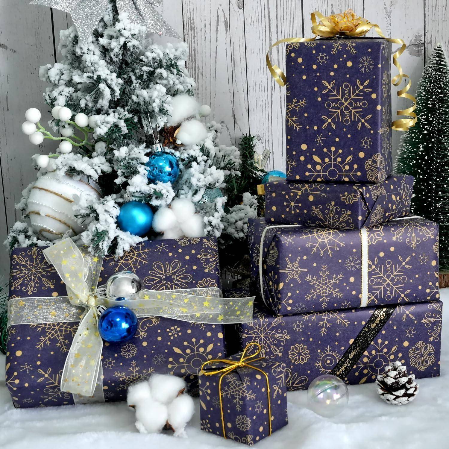 Geschenkpapier Weihnachten Rolle Kraftpapier Schneeflocke Dunkelblau