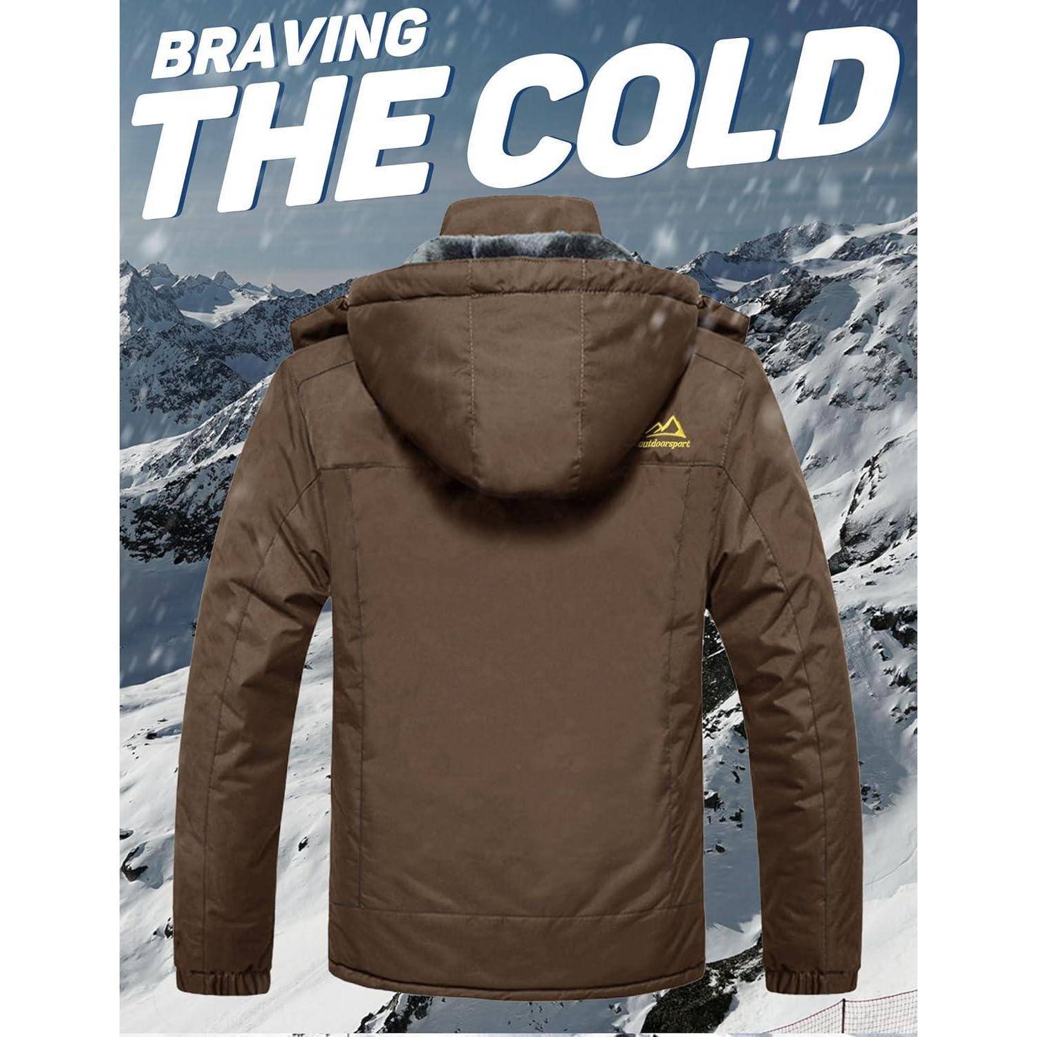 Eine braune Winterjacke vor schneebedeckten Bergen mit dem Text 