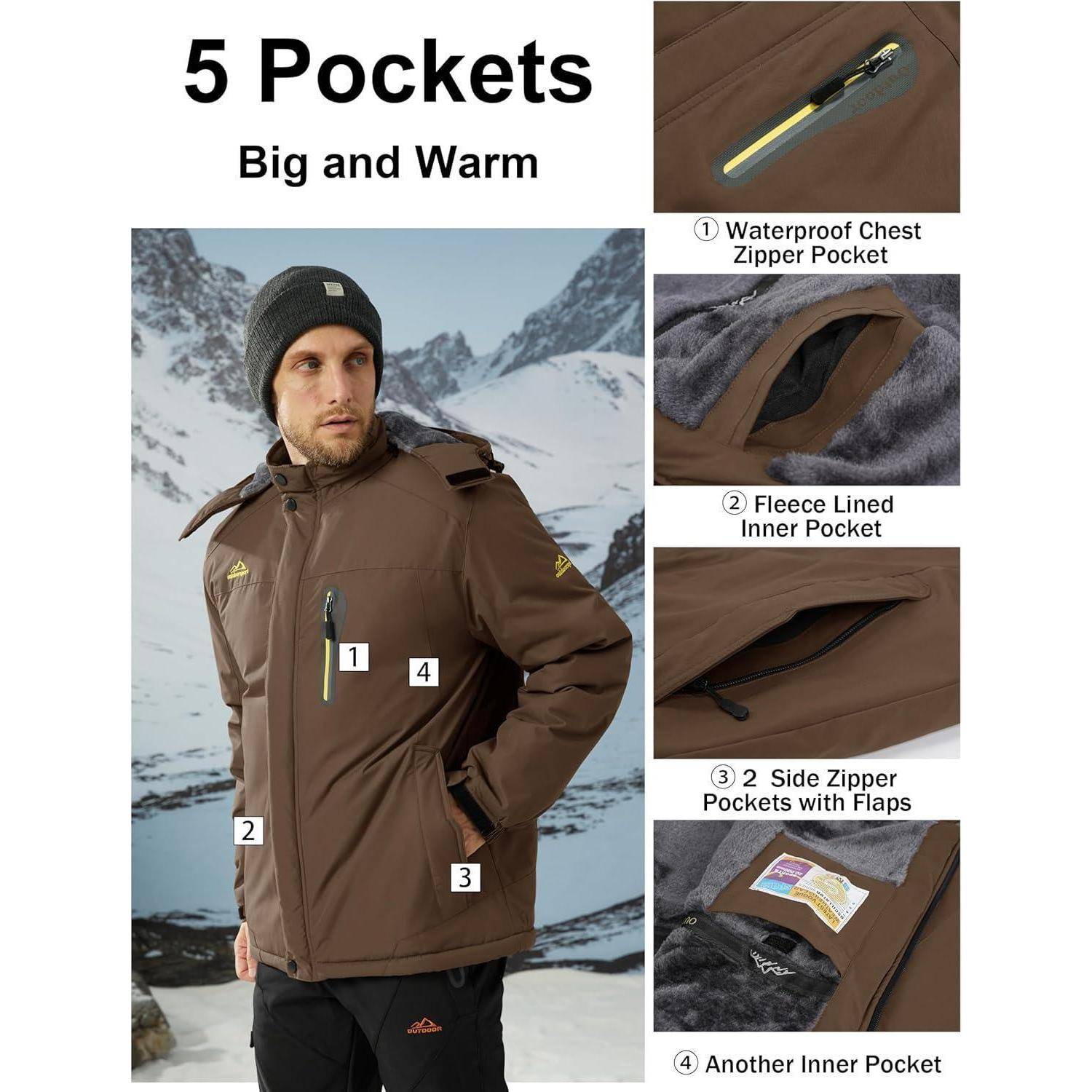 Mann trägt eine braune Jacke mit dem Text '5 Taschen: Groß und Warm'. Etiketten: 1. Wasserdichte Brusttasche mit Reißverschluss, 2. Fleece-gefütterter Innentasche, 3. Seitliche Reißverschlusstasche mit Klappe, 4. Weitere Innentasche. Verschneite Berglandschaft im Hintergrund.