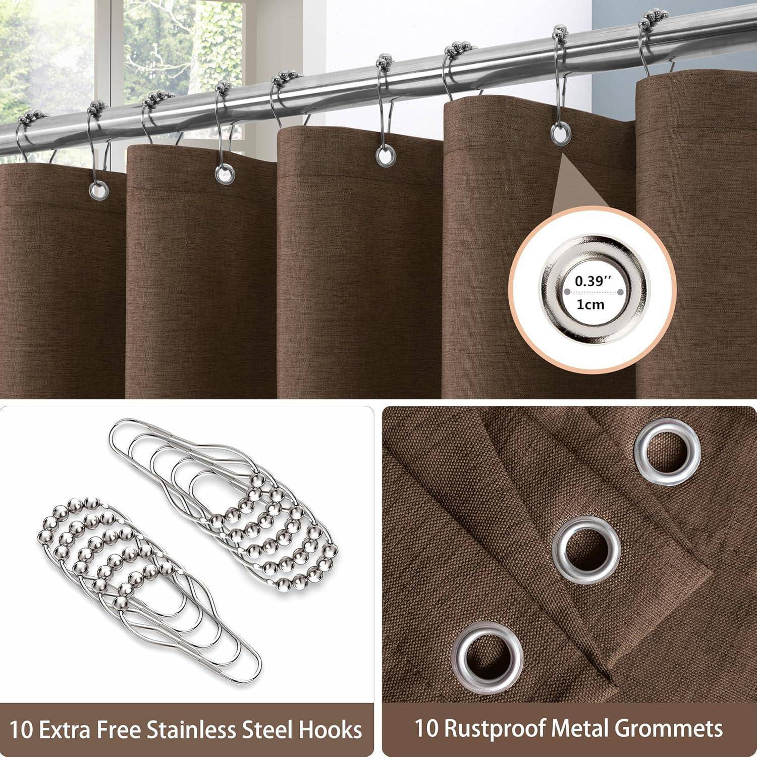 Braune Vorhänge mit edelstahlfarbenen Haken und rostfreien Metallösen. Nahaufnahme zeigt die Größe der Ösen von 0,39 Zoll (1 cm).