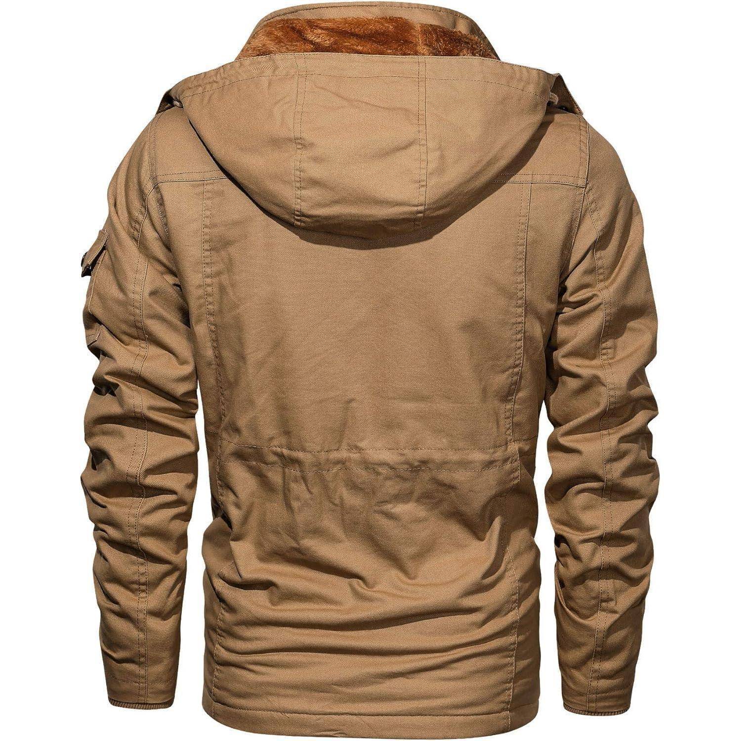 Eine beige Kapuzenjacke, von hinten gezeigt, mit mehreren Nähten und einem sichtbaren Pelzfutter an der Kapuze.