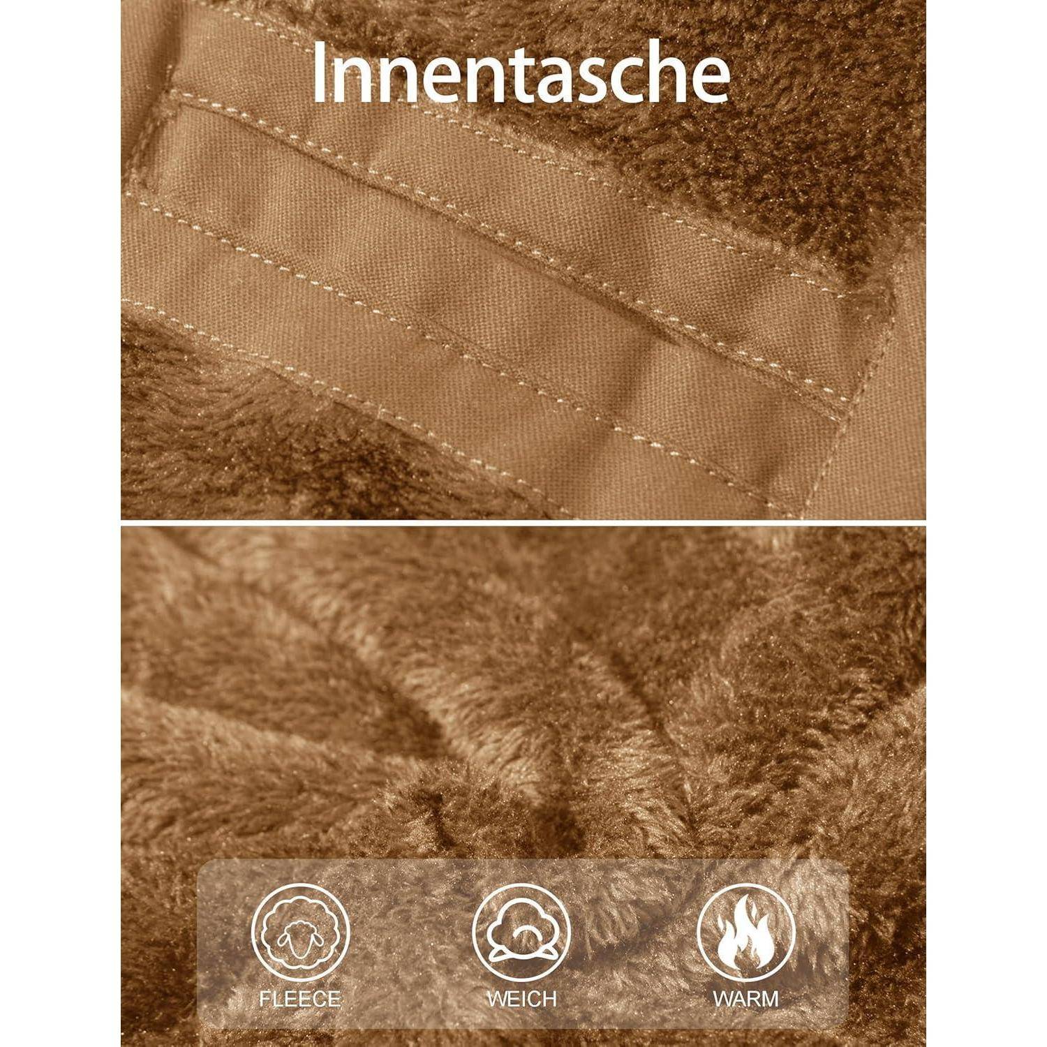 Braune Fleecejacke Innenansicht mit sichtbaren Nähten. Text oben liest sich 'Innentasche'. Symbole unten zeigen 'Fleece', 'Soft', 'Warm'.
