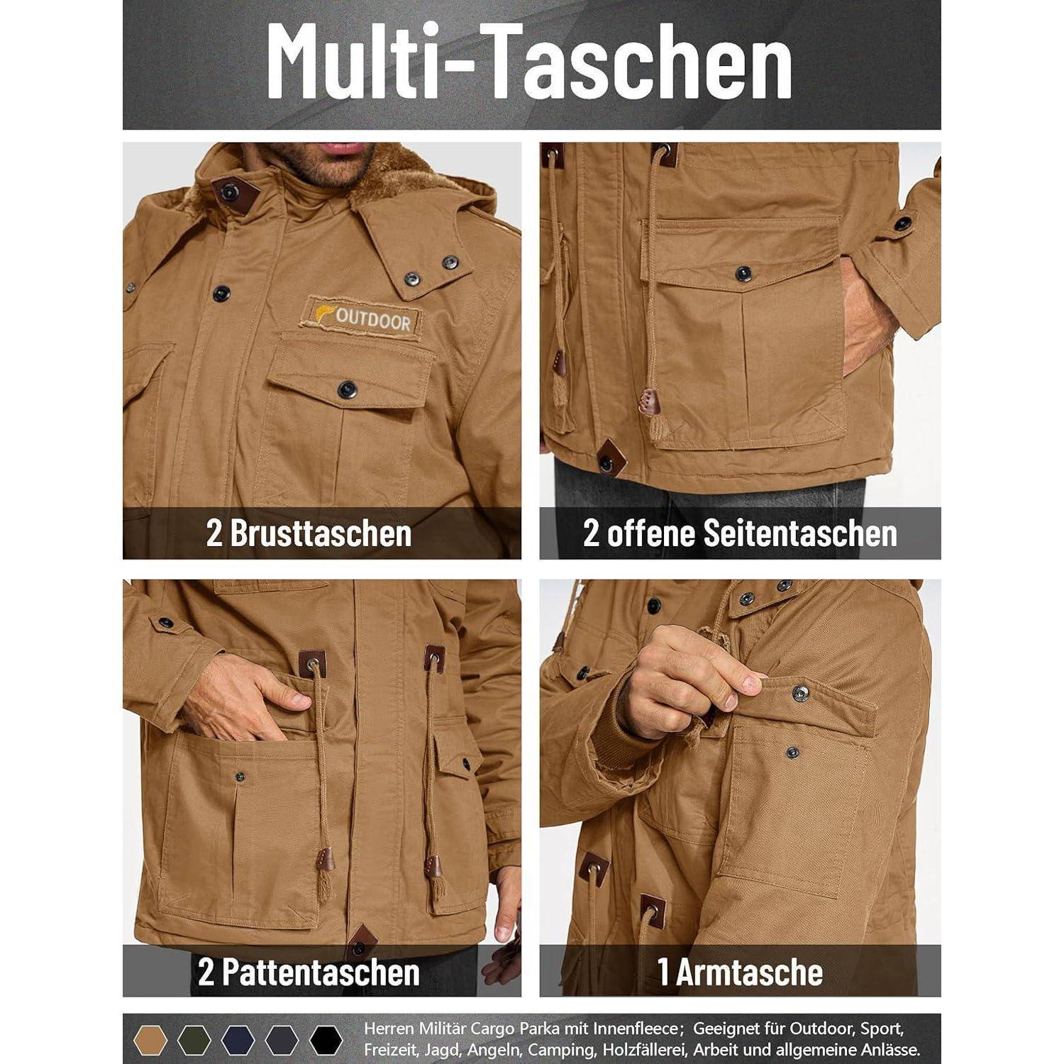 Jacke in brauner Farbe von 'Multi-Taschen' mit '2 Brusttaschen', '2 offenen Seitentaschen', '2 Pattentaschen' und '1 Armtasche' sowie einem Abzeichen mit der Aufschrift 'Outdoor'.