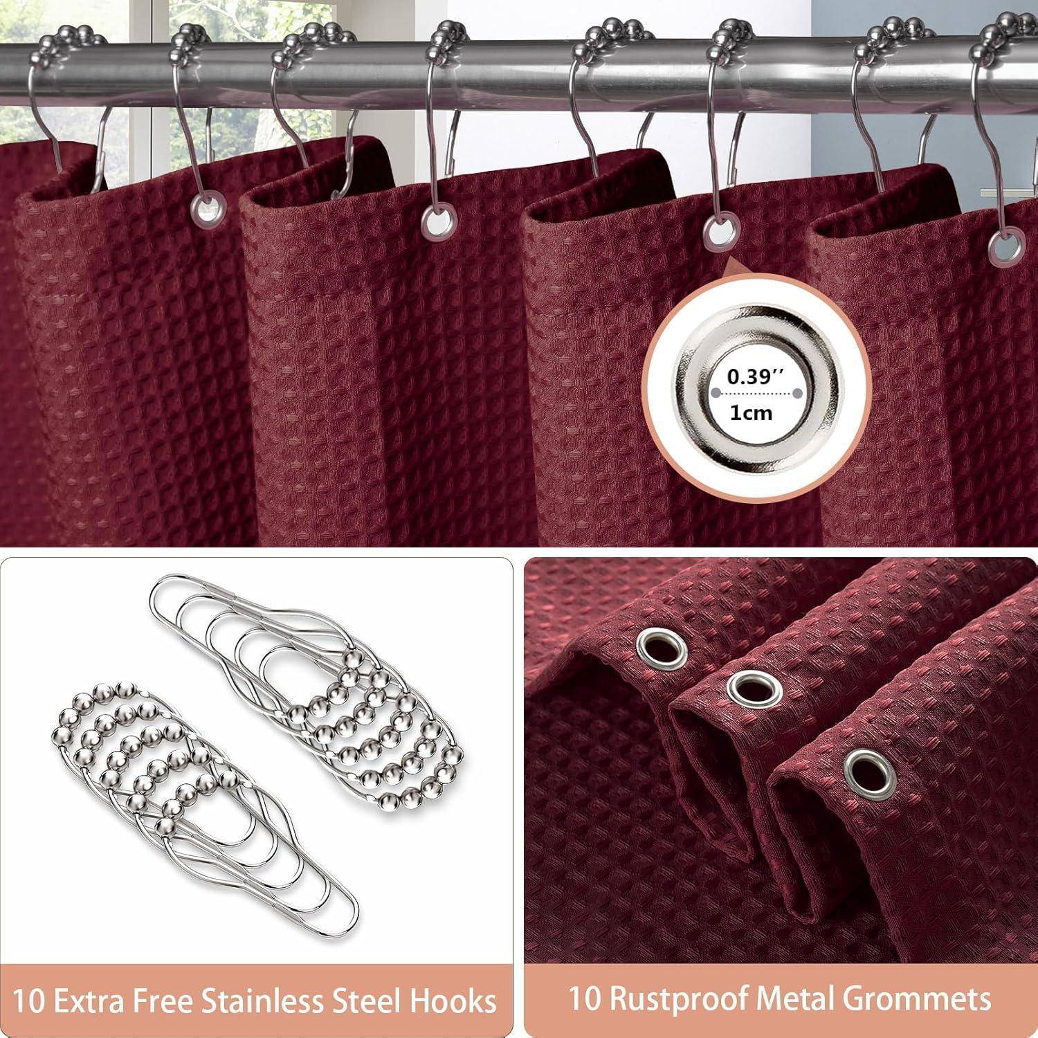 Roter Duschvorhang mit Edelstahlhaken und rostfreien Metallösen. Text lautet: 