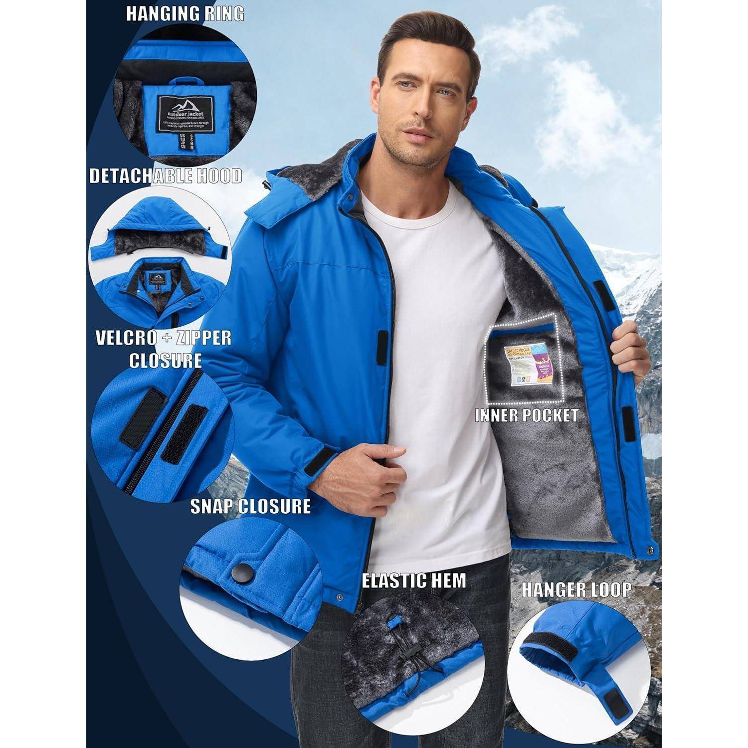 Ein Mann präsentiert eine blaue Skijacke in verschneiten Bergen. Detailansichten heben Merkmale hervor: Aufhängering, abnehmbare Kapuze, Klett- und Reißverschlussverschlüsse, Druckknopfverschluss, elastischer Saum, Aufhängeschlaufe und Innentasche.