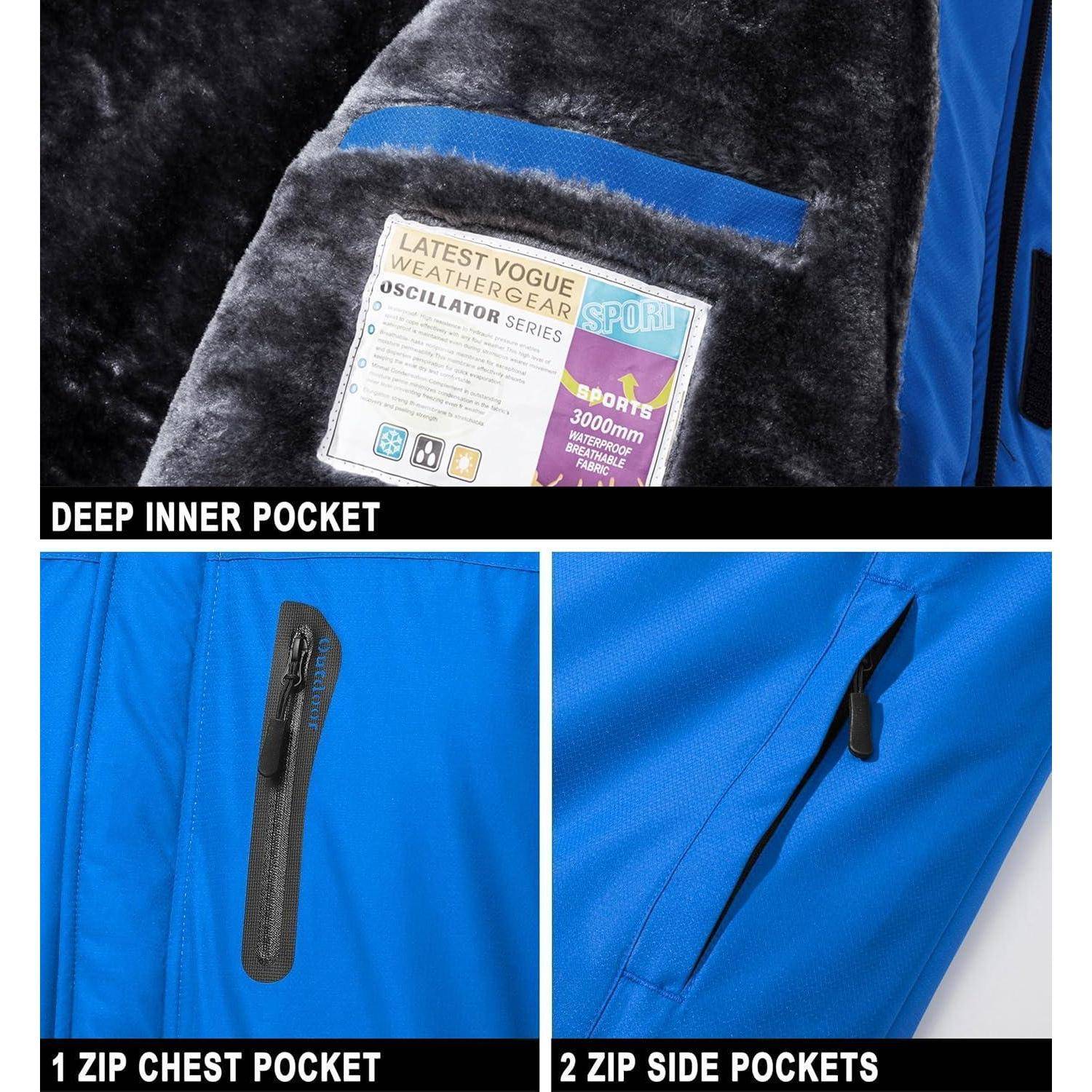 Blaue Jacke mit weichem, grauem Futter und Taschen: eine tiefe Innentasche, eine Brusttasche mit Reißverschluss und zwei seitliche Reißverschlusstasche zur Aufbewahrung.