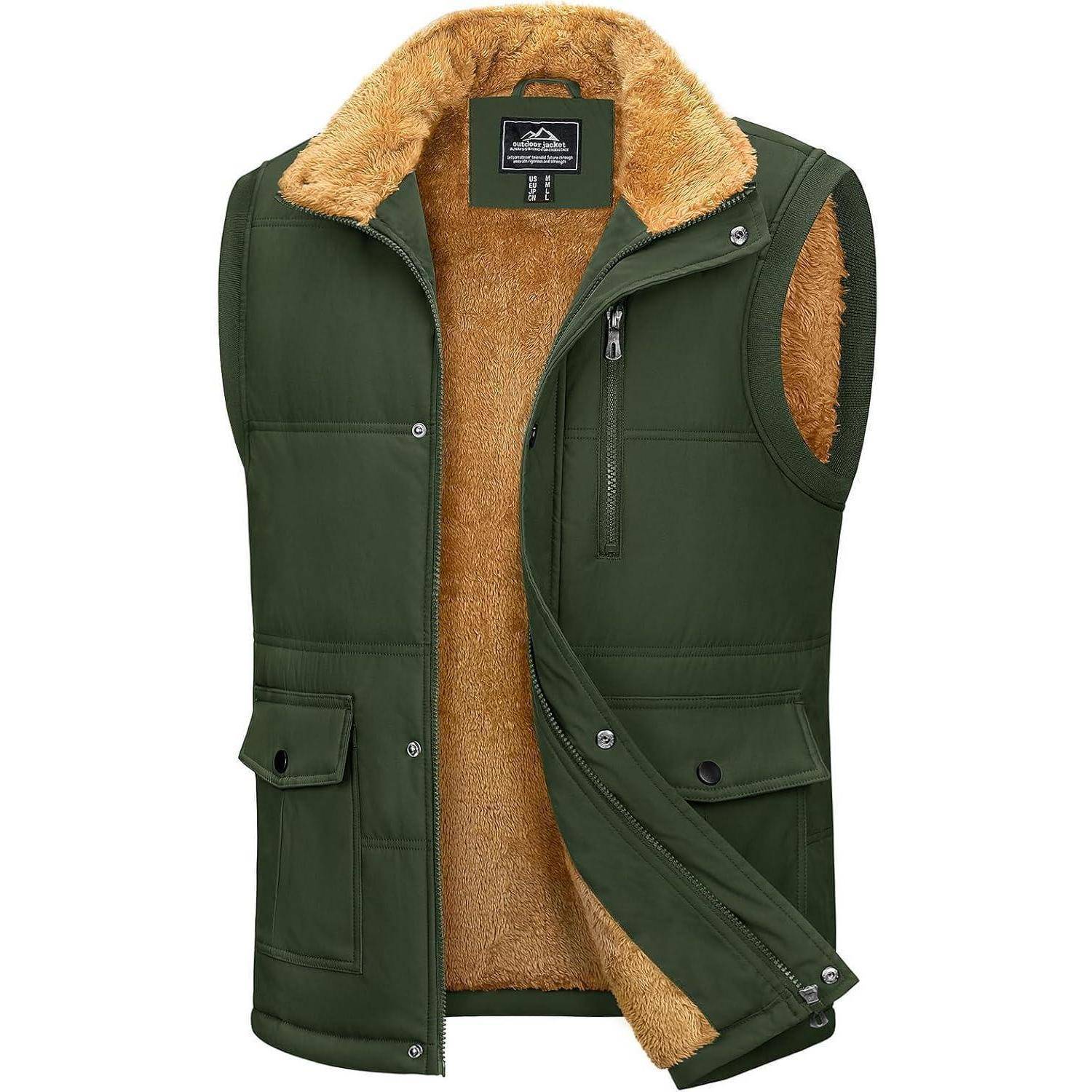 Grüne, ärmelloses Weste mit Kunstfellauskleidung, Reißverschluss- und Druckknopfverschluss, mit mehreren Taschen; designed für kalte Wetterbedingungen.