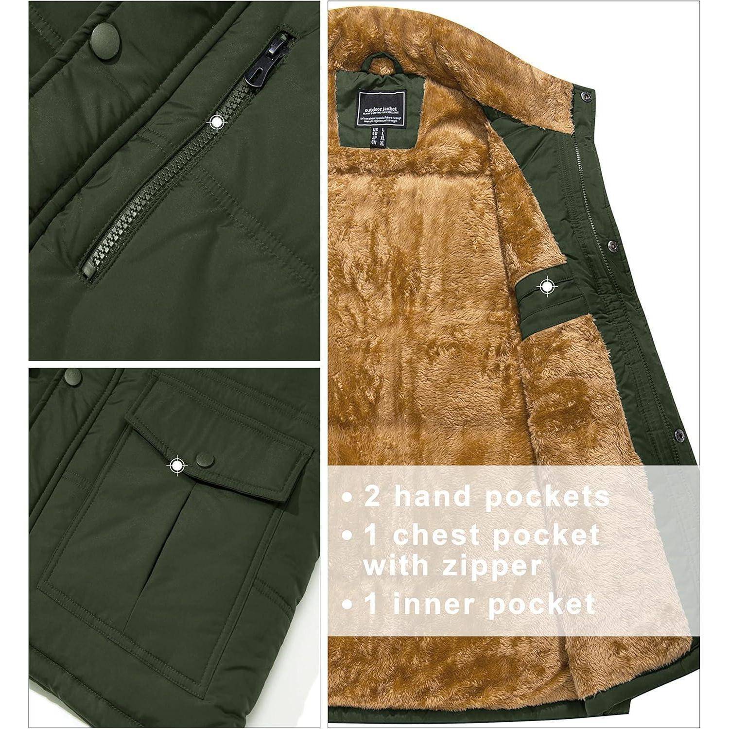 Grüne Jacke mit braunem Pelzfutter, ausgestattet mit zwei Handtaschen, einer Brusttasche mit Reißverschluss und einer Innentasche.