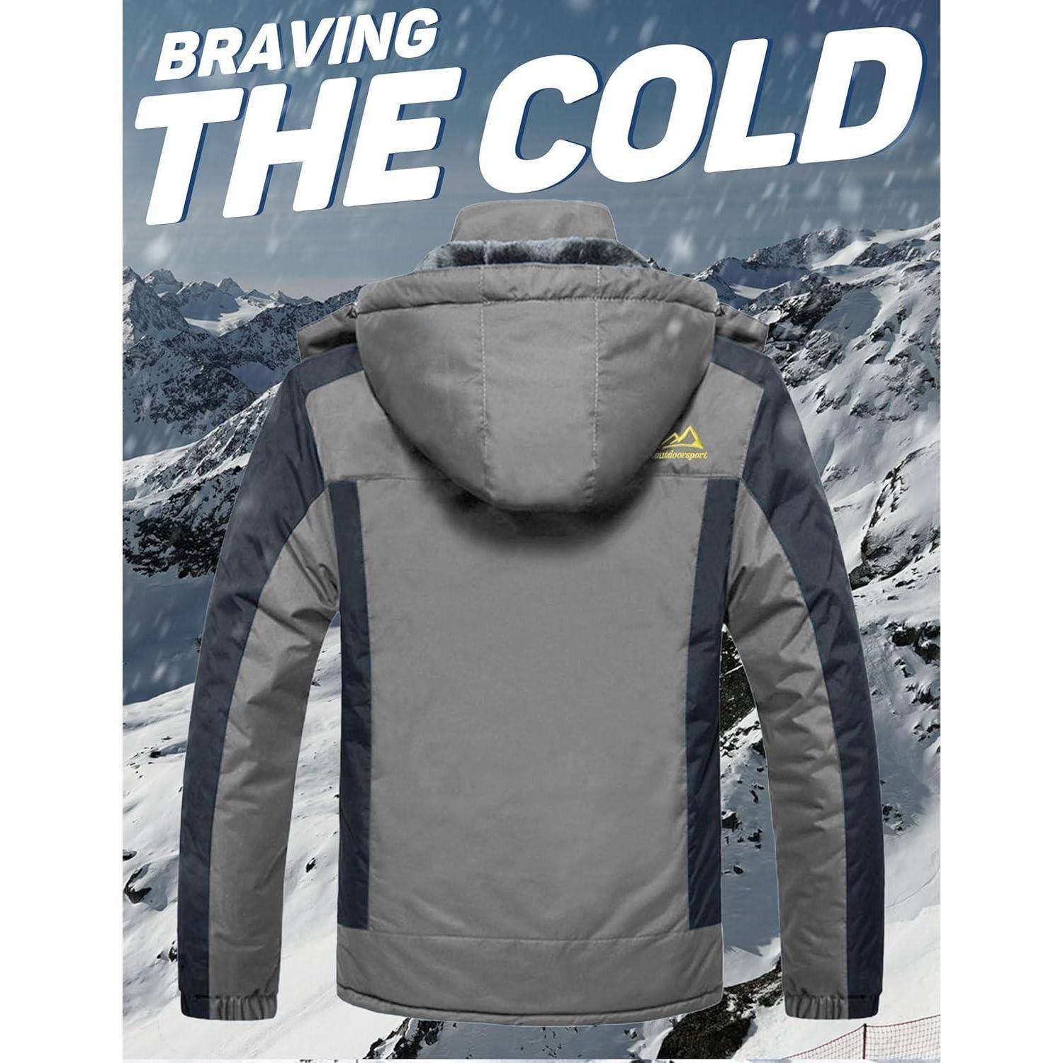 Eine Winterjacke, die vor einer verschneiten Berglandschaft präsentiert wird, betont Wärme und Schutz. Text auf dem Bild liest sich: „Der Kälte trotzen