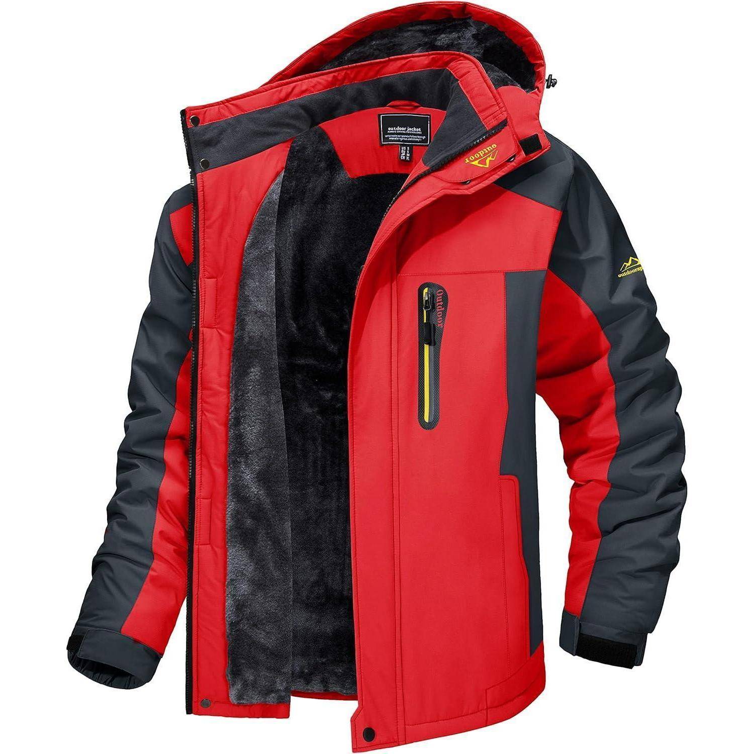 Eine rote und graue Winterjacke mit schwarzem Futter ist ausgestellt. Zu den Merkmalen gehören ein Reißverschluss vorne, verstellbare Manschetten und mehrere Taschen.