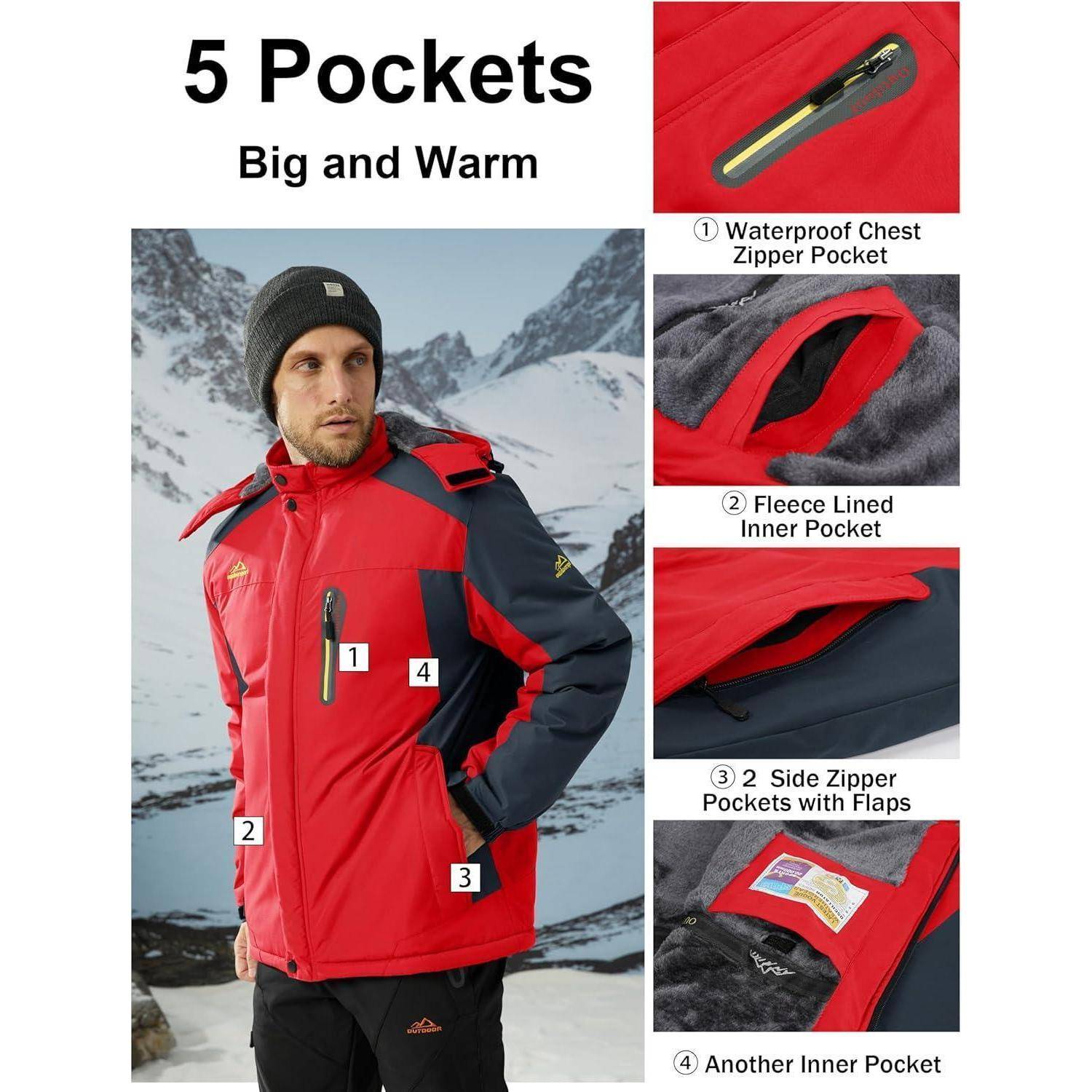 Ein Mann in einer roten und schwarzen Winterjacke steht in einer verschneiten Berglandschaft. Die Jacke verfügt über fünf Taschen, darunter Reißverschluss- und mit Fleece gefütterte Taschen.