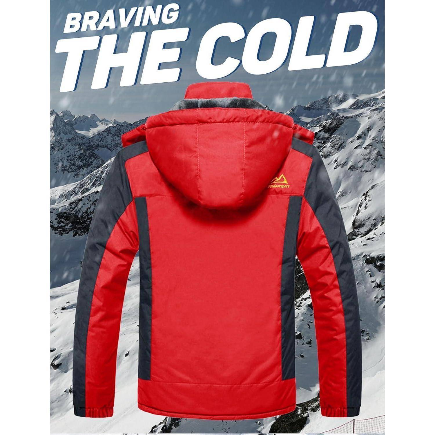 Eine rot-schwarze Winterjacke, die vor einer verschneiten Bergkulisse präsentiert wird. Fetter Text darüber liest sich: „Der Kälte trotzen