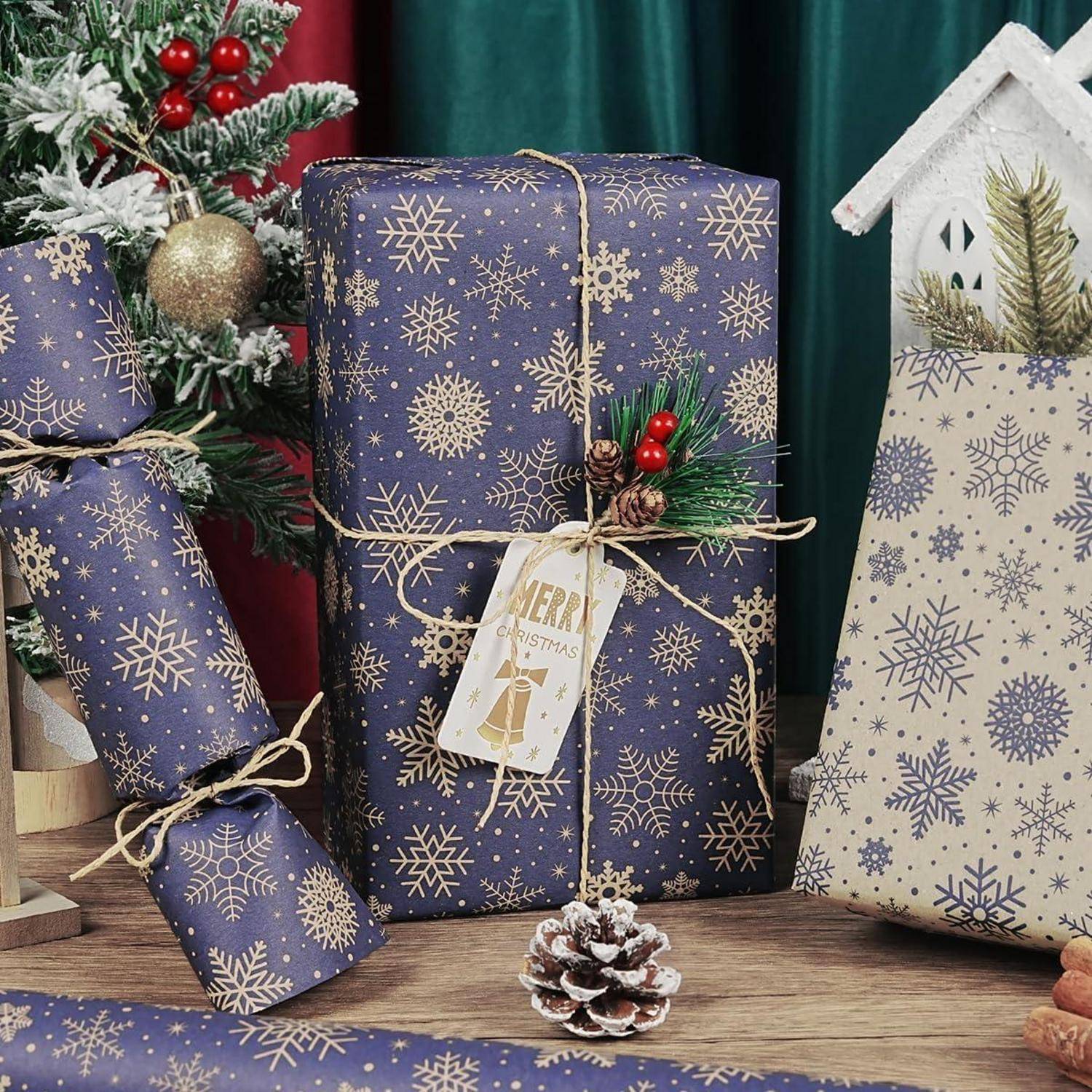 Geschenkpapier Weihnachten Schneeflocke wendbar 43cm Dunkelblau Braun