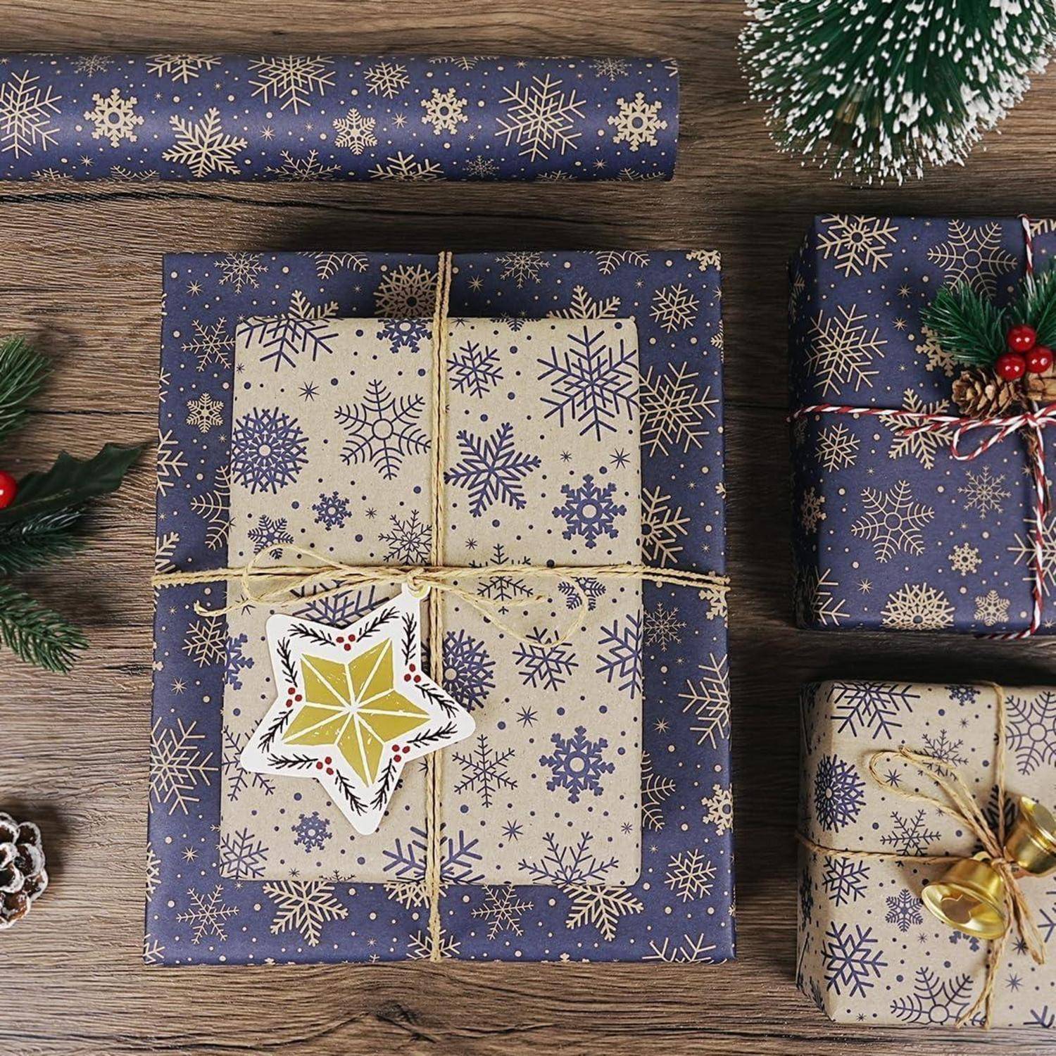 Geschenkpapier Weihnachten Schneeflocke wendbar 43cm Dunkelblau Braun