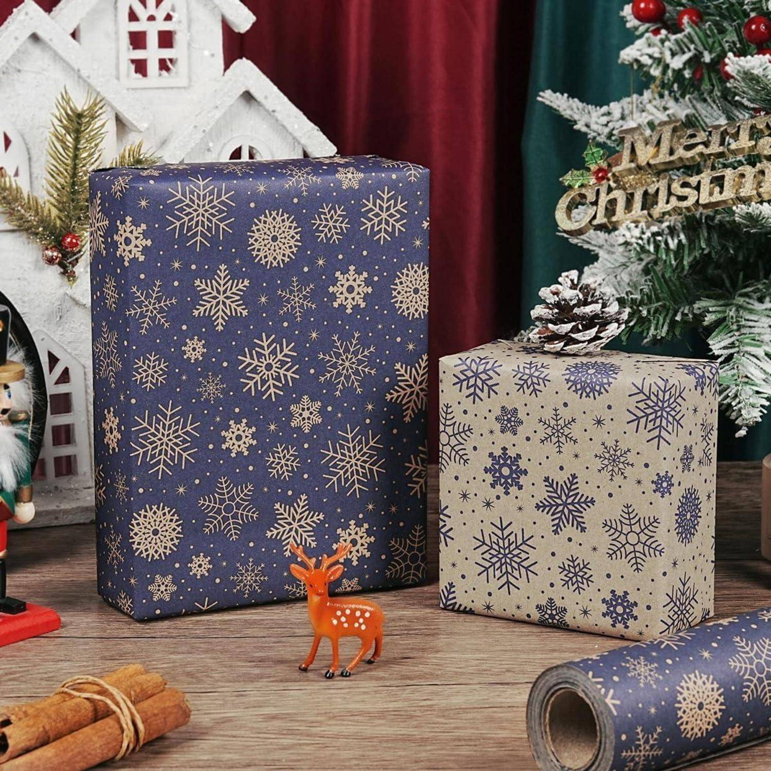 Geschenkpapier Weihnachten Schneeflocke wendbar 43cm Dunkelblau Braun