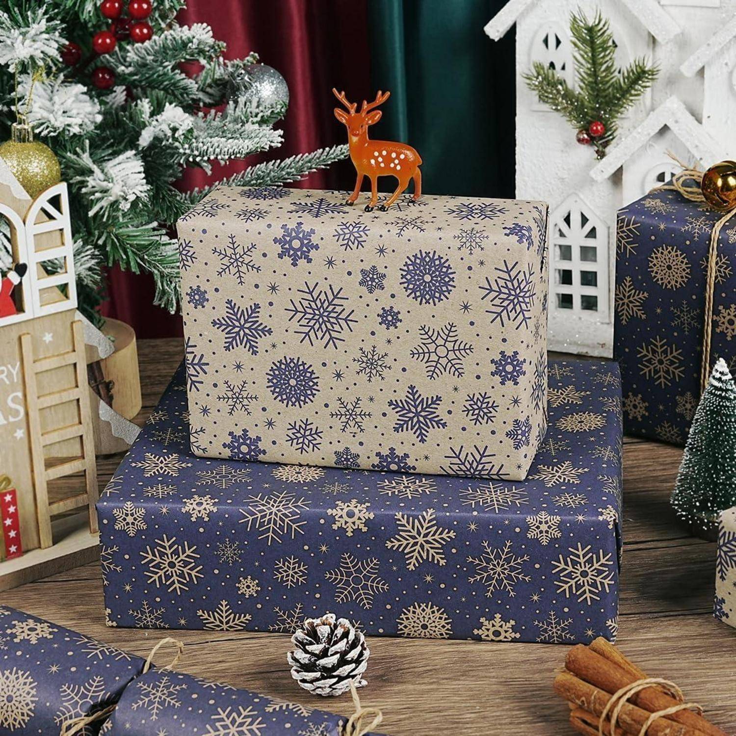 Geschenkpapier Weihnachten Schneeflocke wendbar 43cm Dunkelblau Braun