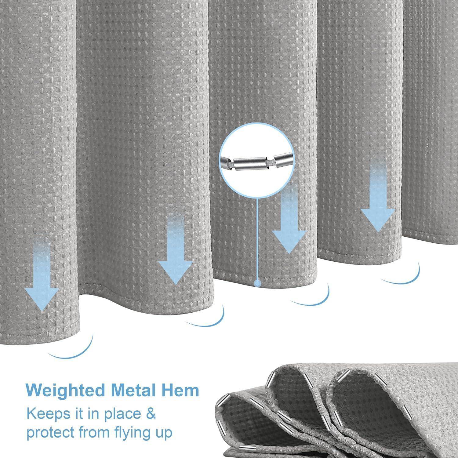 Vorhang mit 'Gewichteter Metallfaum' und Metalldetail hält ihn an seiner Position und verhindert, dass er hochfliegt. Grauer Stoff mit Strukturmuster.