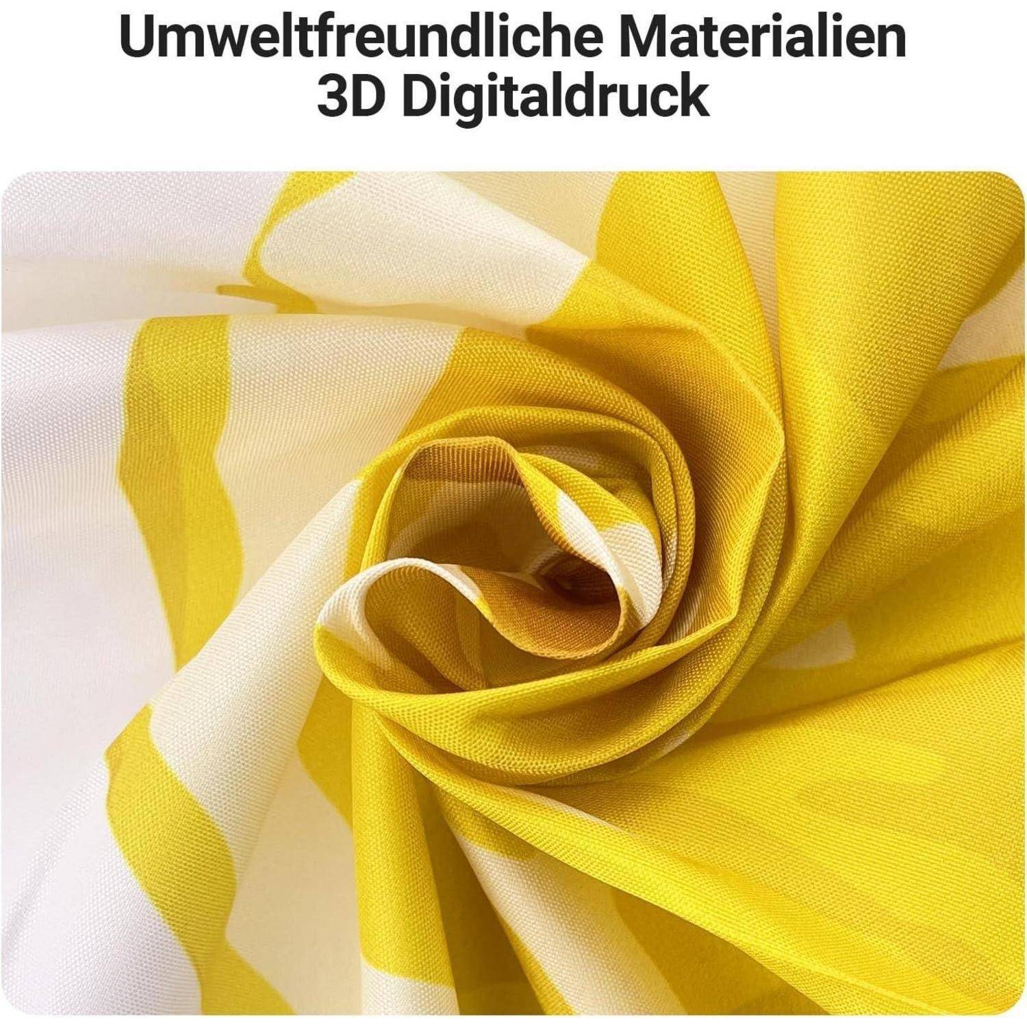 Gelb und weiß gestreifte Stoffe wirbelten; mit dem Etikett 'Umweltfreundliche Materialien 3D Digitaldruck', was umweltfreundliche Materialien und 3D-Digitaldruck andeutet.