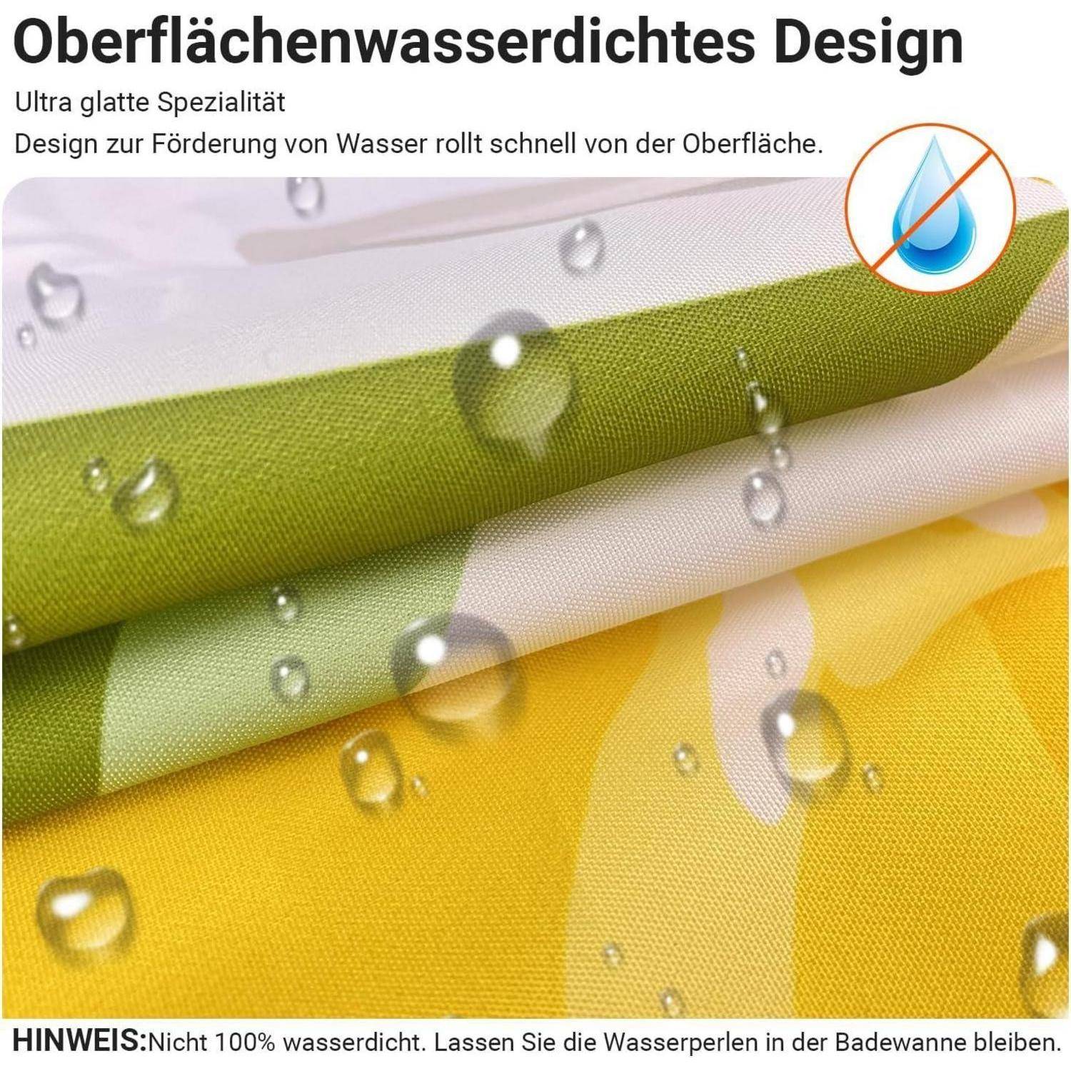 Das Bild zeigt einen Stoff, der seine wasserabweisende Konstruktion präsentiert, wobei Wassertropfen auf der Oberfläche zu sehen sind. Der Text betont die wasserdichte Eigenschaft.