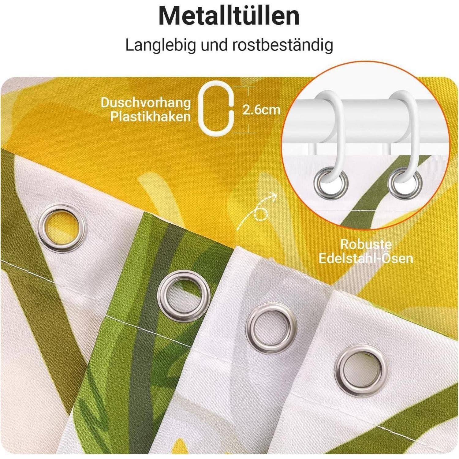 Das Bild zeigt einen Duschvorhang mit Metallösen, die mit 'LangLeBig und rostbeständig' beschriftet sind, versehen mit Kunststoffhaken und Edelstahlringen.