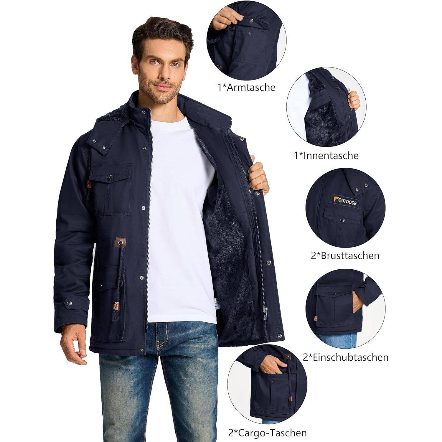 Winterparka Herren Fleece Gefüttert Kapuze Taschen M Dunkelblau