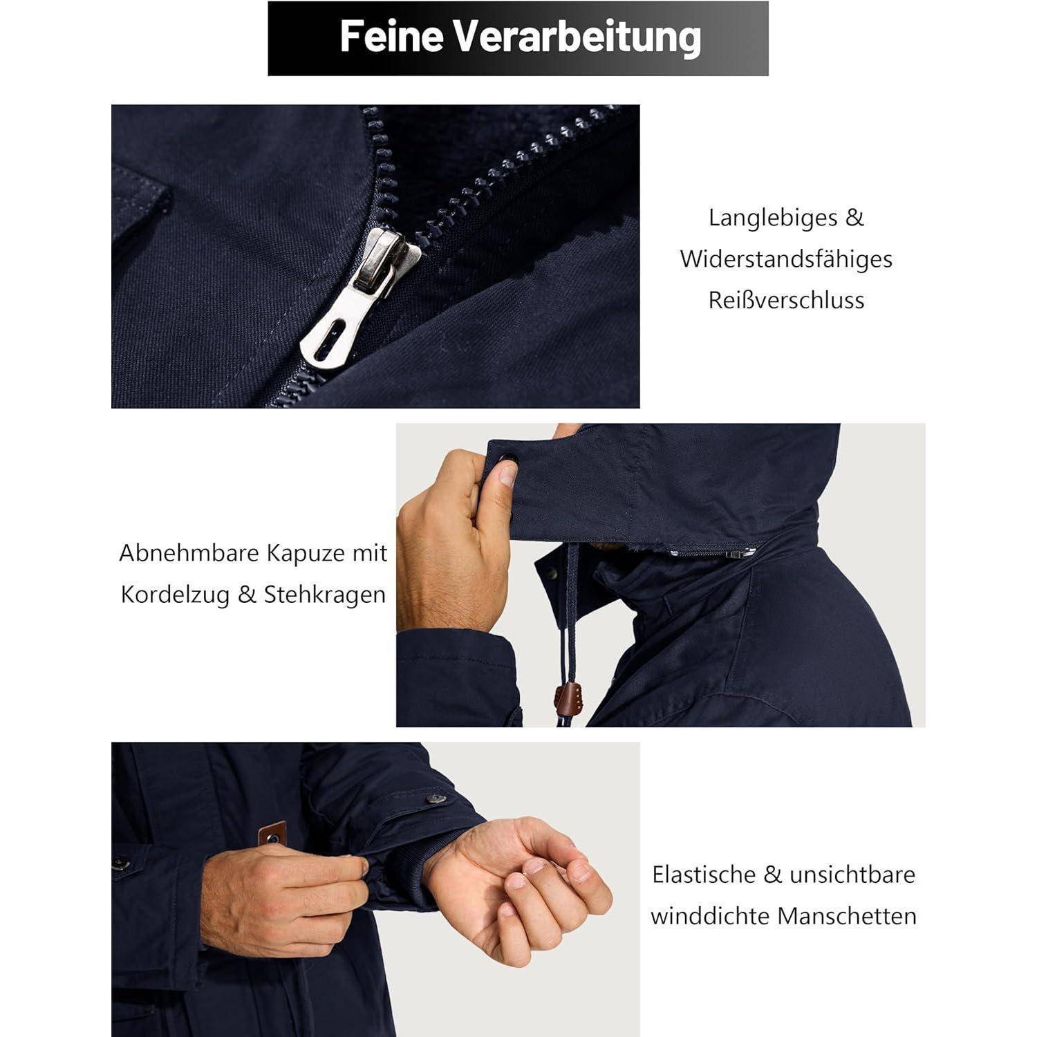 Winterparka Herren Fleece Gefüttert Kapuze Taschen M Dunkelblau