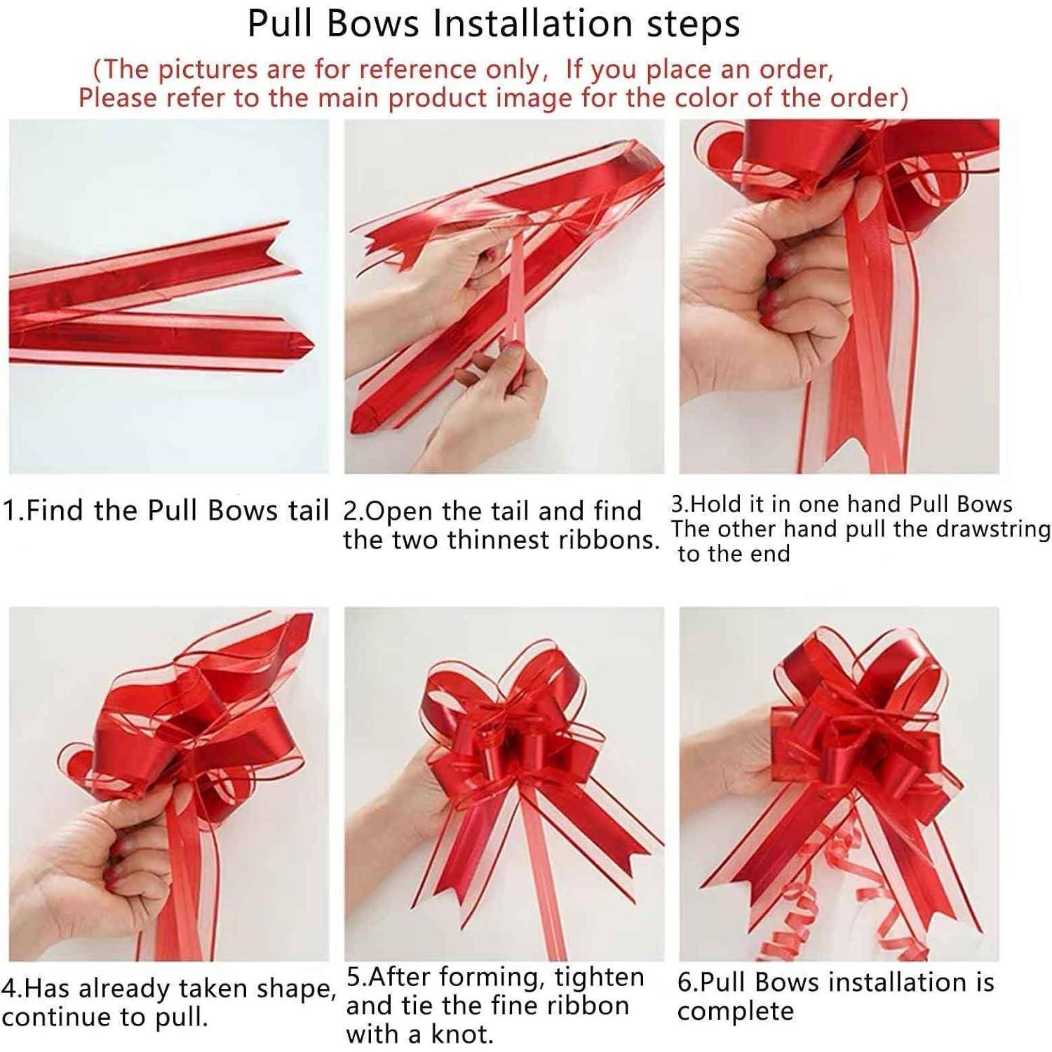 Pull Bows Installation steps': 1. Schwanz finden. 2. Öffnen, zwei dünne Bänder lokalisieren. 3. In einer Hand halten, Zugband ziehen. 4. Form bildet sich. 5. Enden festziehen. 6. Installation abgeschlossen.