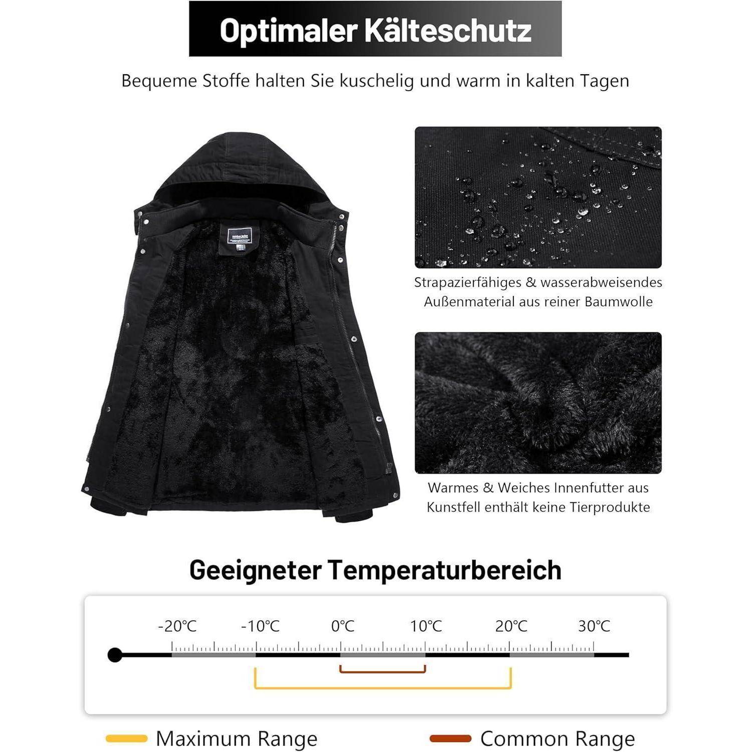 Jacke mit wasserabweisendem Außenmaterial, weichem Futter und geeignetem Temperaturbereich von -10°C bis 10°C, dargestellt mit wasserabweisender Stoffart.