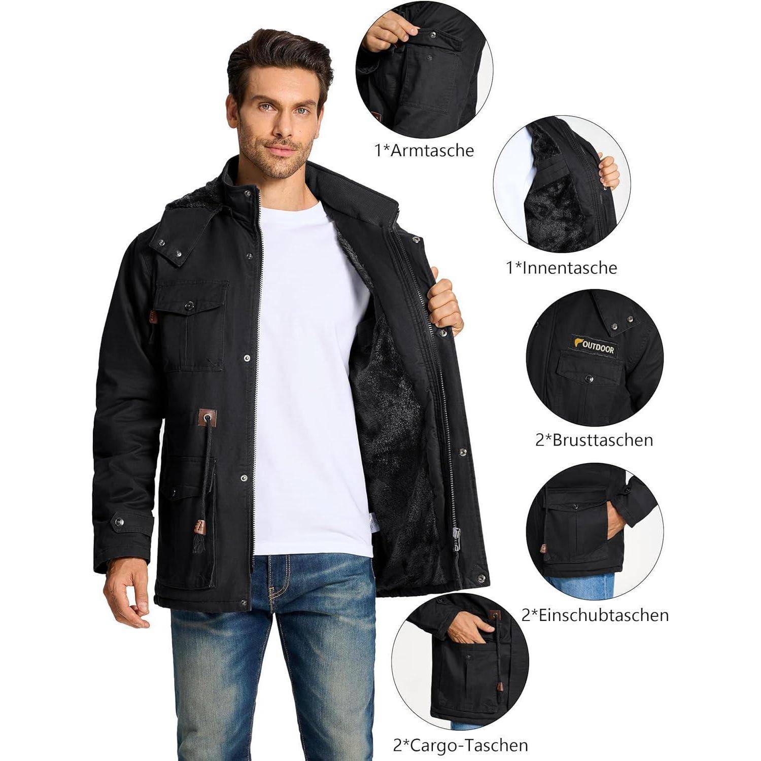 Ein Mann trägt eine schwarze Jacke mit hervorgehobenen Merkmalen: 1 Ärmel-Tasche, 1 Innentasche, 2 Brusttaschen, 2 Seitentaschen und 2 Cargotaschen.