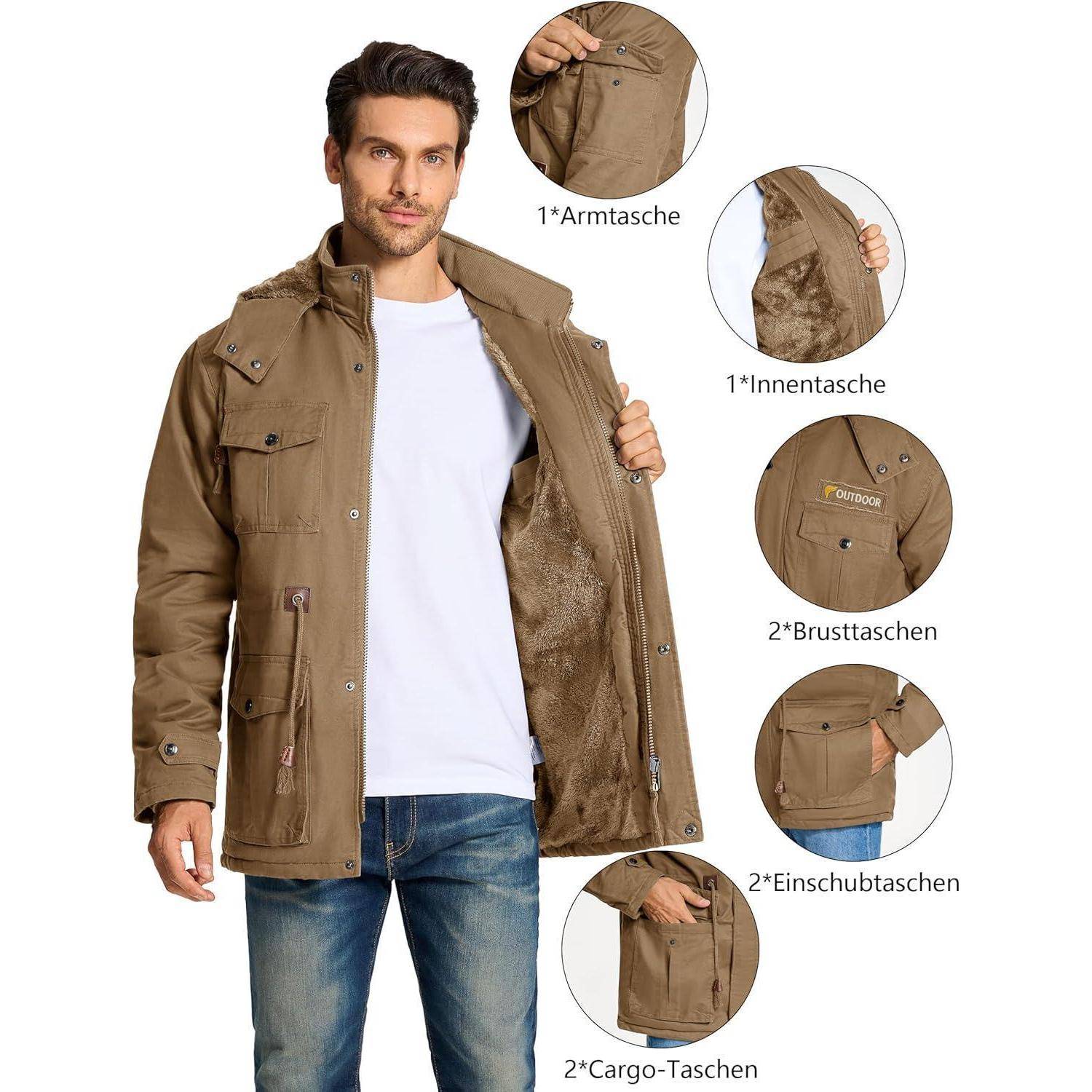 Winterparka Herren Fleece gefüttert Taschen Kapuze M Khaki