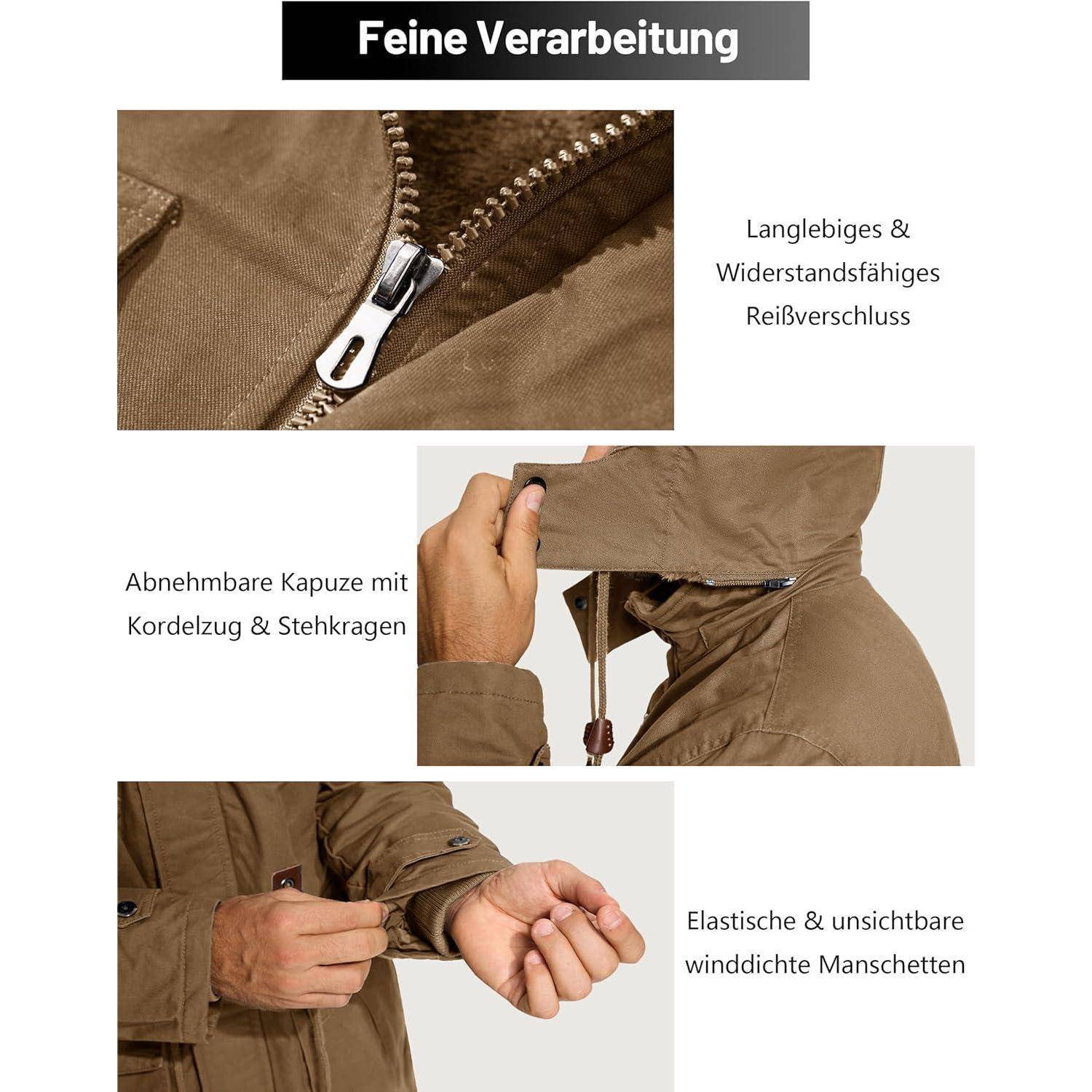 Winterparka Herren Fleece gefüttert Taschen Kapuze M Khaki