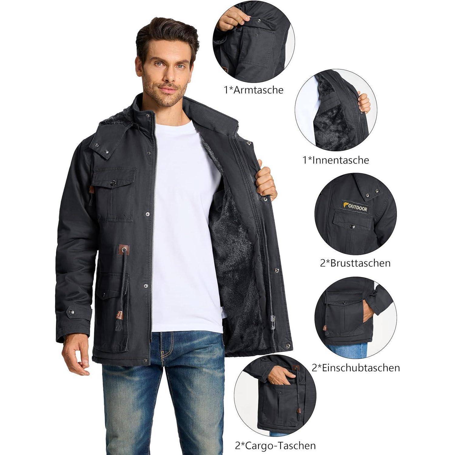Ein Mann trägt eine schwarze Jacke mit verschiedenen Taschentypen: Ärmel-, Innen-, Brust-, Hand- und Cargotaschen, wobei die Merkmale hervorgehoben werden.