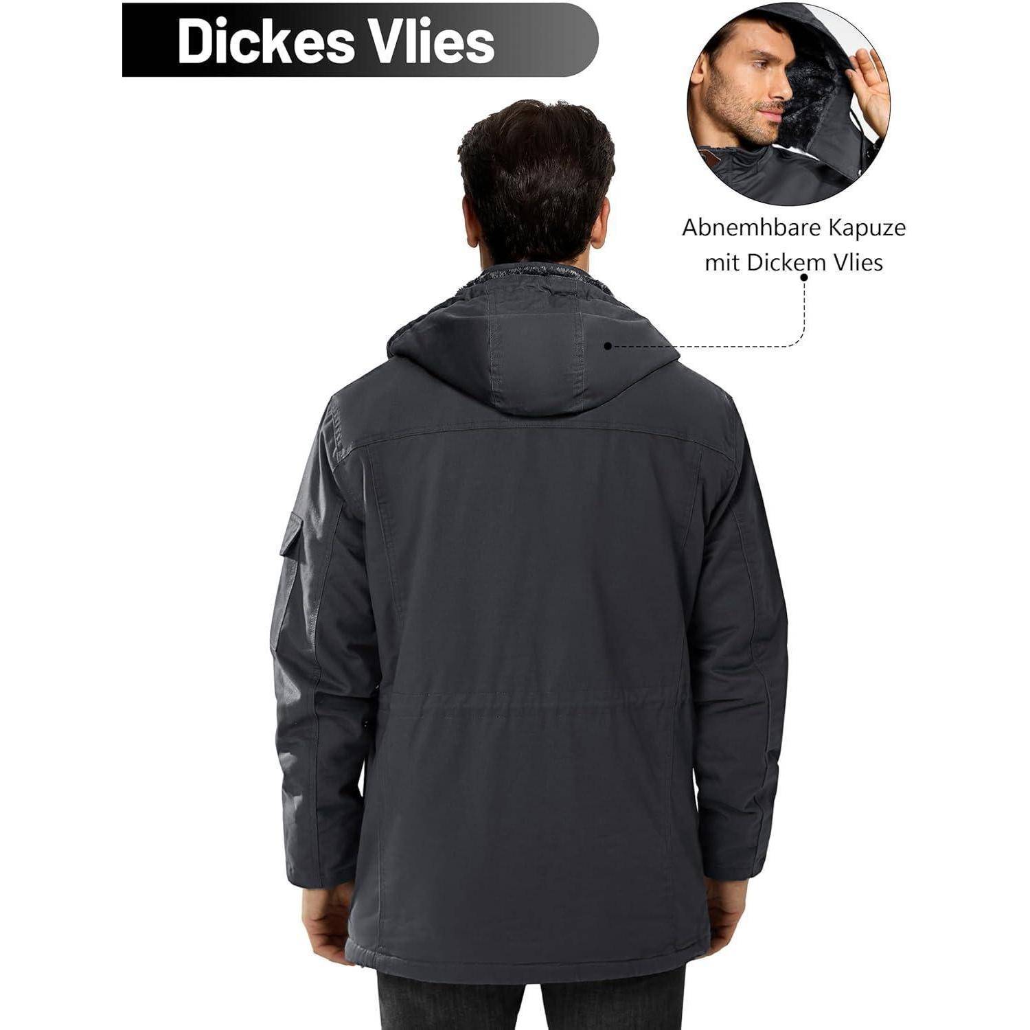 Ein Mann trägt eine dunkle Jacke mit abnehmbarer Kapuze. Der Text auf Deutsch lautet 