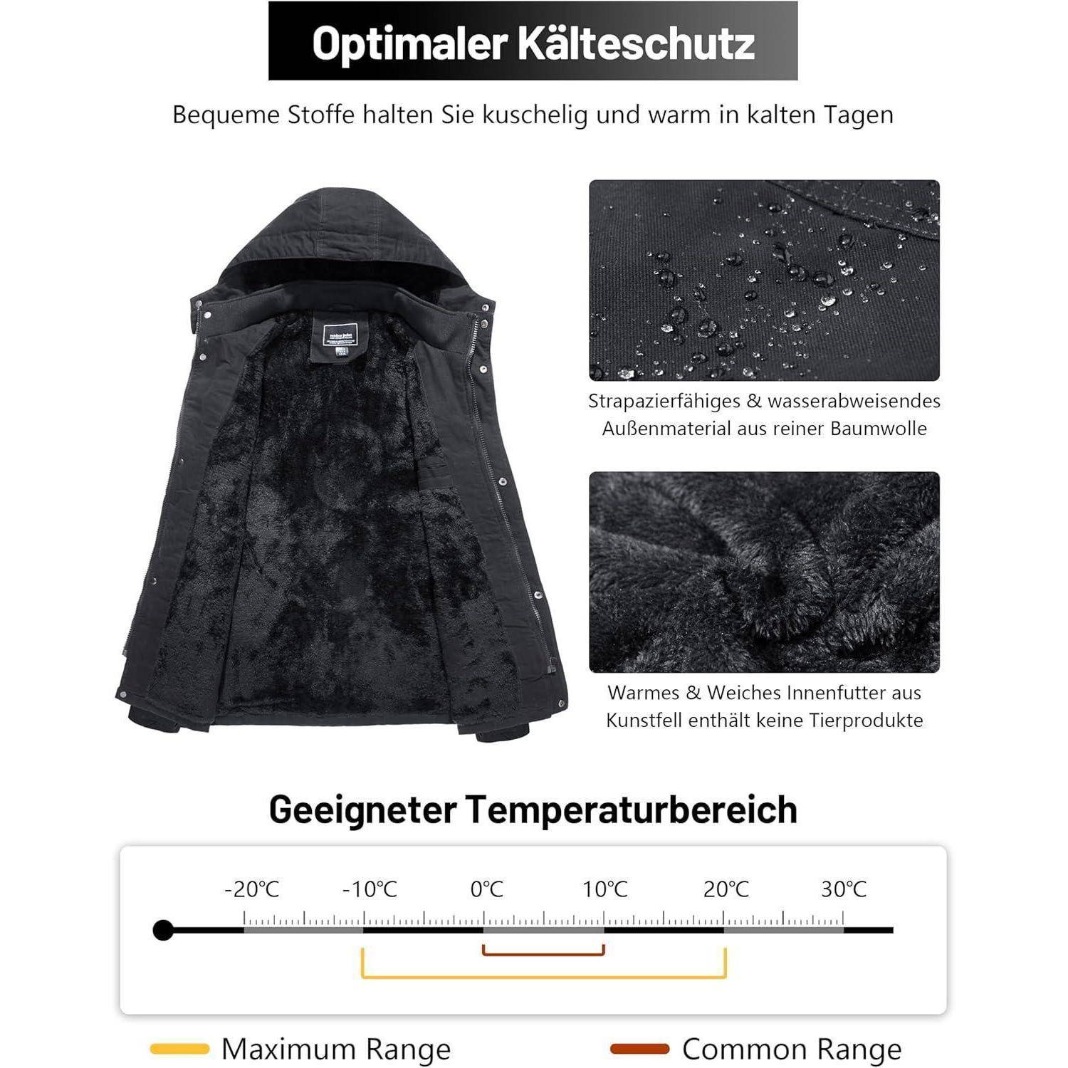 Ein schwarzer Mantel wird gezeigt mit einer detaillierten Ansicht des wasserabweisenden und strapazierfähigen Äußeren sowie einem warmen Fleece-Innenfutter. Das Temperaturbereichsdiagramm zeigt die Eignung von -20°C bis 30°C an.