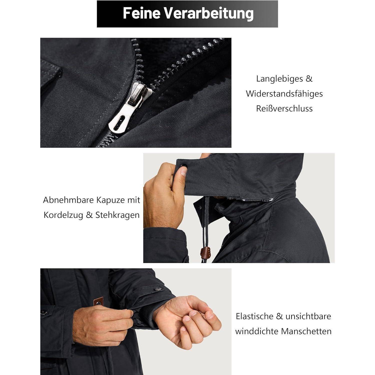 Jacke mit 'Feine Verarbeitung'-Aufdruck; ausgestattet mit robustem Reißverschluss, abnehmbarer Kapuze mit Kordelzug, elastischen Bündchen; betont hochwertiges Design.