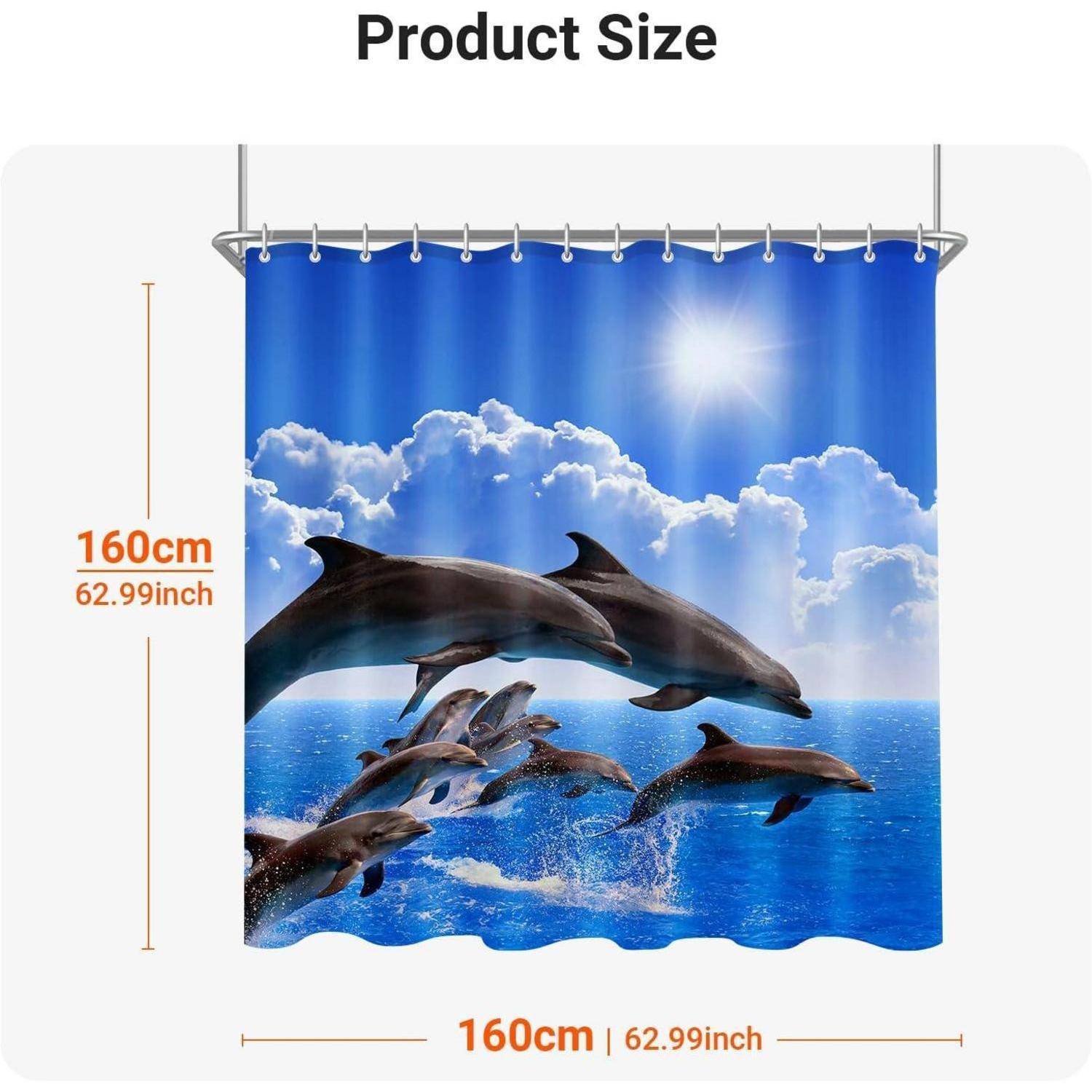 Duschvorhang mit springenden Delfinen in einem blauen Ozean unter einem sonnigen Himmel mit Wolken. Misst 160 cm x 160 cm (62,99 Zoll).
