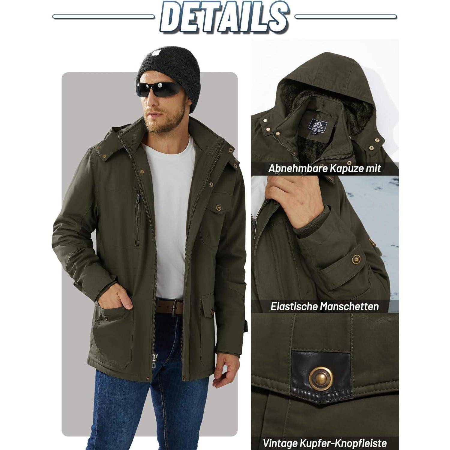 Ein Mann trägt eine grüne Jacke mit abnehmbarer Kapuze und elastischen Bündchen. Detailansichten heben diese Merkmale hervor und zeigen eine Knopfleiste im Vintage-Kupferstil.