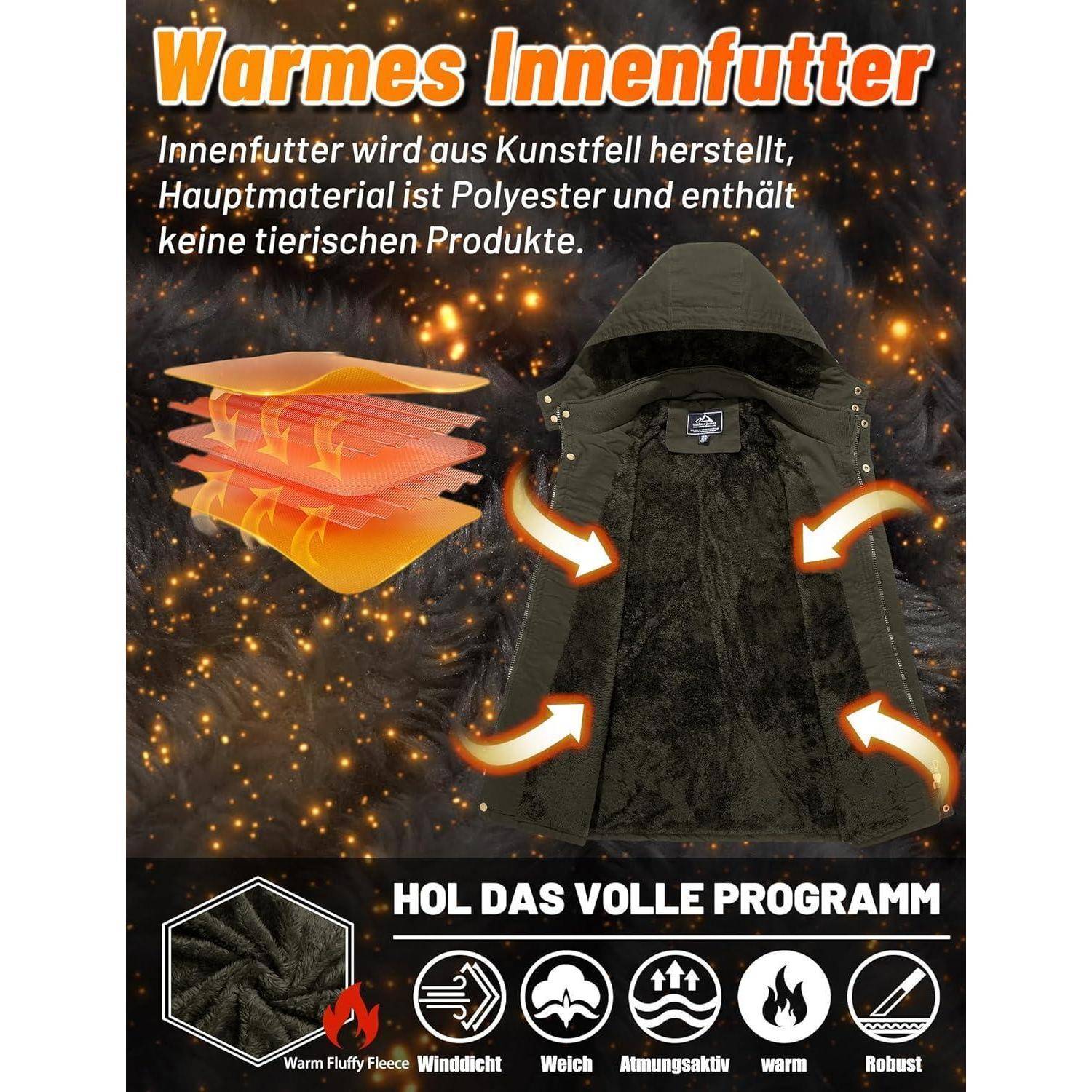Eine Jacke mit warmer Innenfütterung aus Kunstfell, die deren Weichheit, Atmungsaktivität und Haltbarkeit hervorhebt. Der Text betont die Verwendung von tierfreien Produkten.