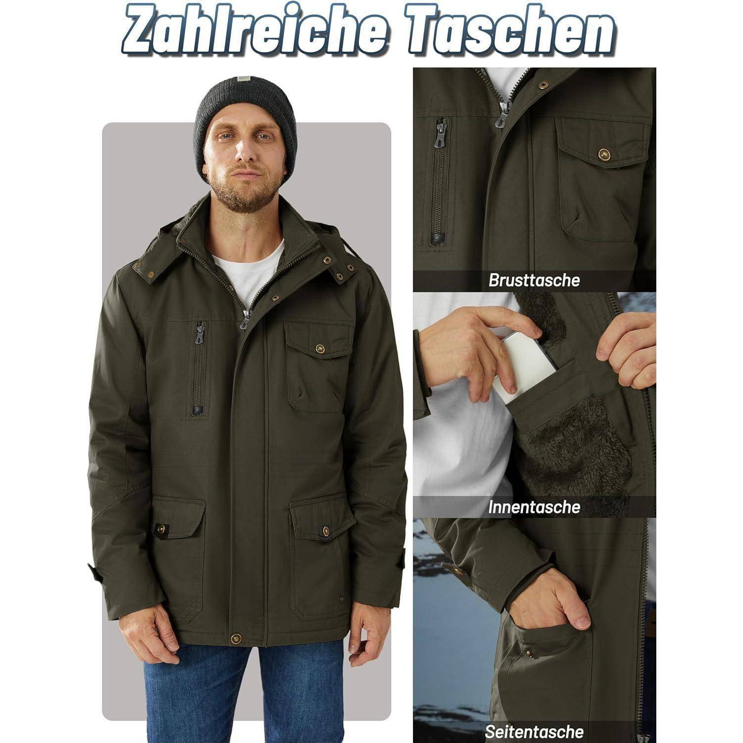 Ein Mann in einer grünen Jacke mit mehreren Taschen, einschließlich Brusttaschen, Innentaschen und Seitentaschen. Der Text darüber liest sich 